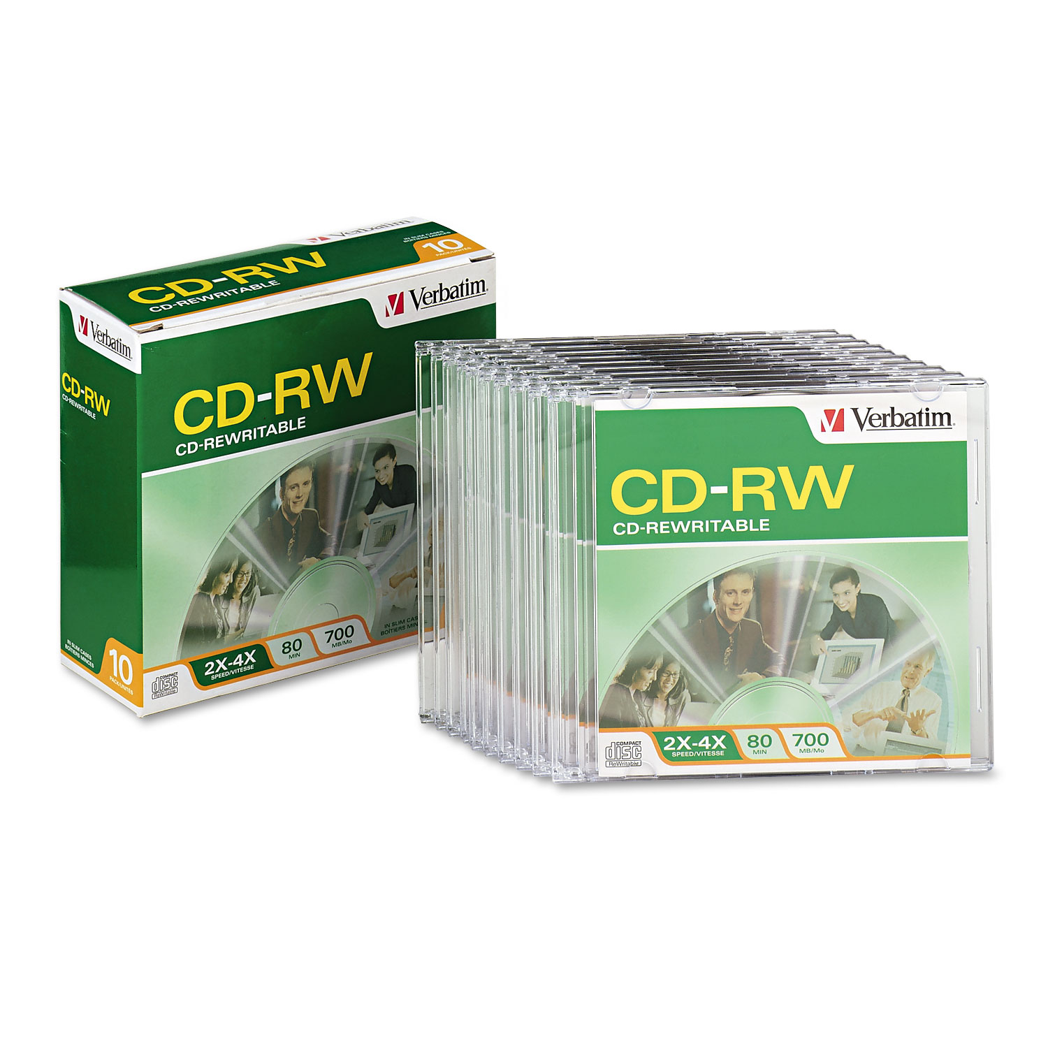 CD-RW Discs, 700MB/80min, 2X/4X, Slim Jewel Case, Matte Silver, 10/Pack