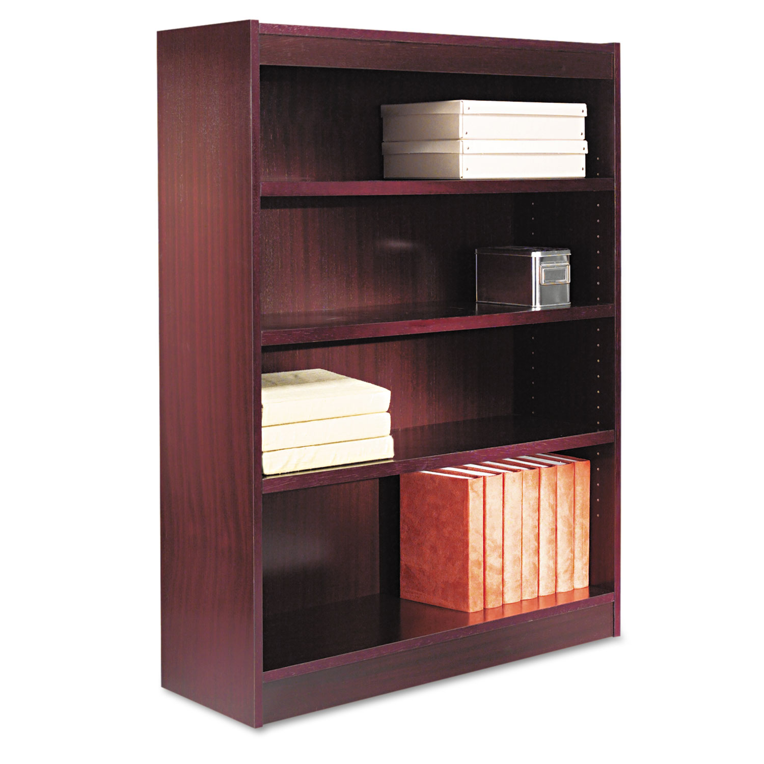 Square Corner Wood Veneer Bookcase, Four-Shelf, 35-5/8 x 11-3/4 x 48, Mahogany