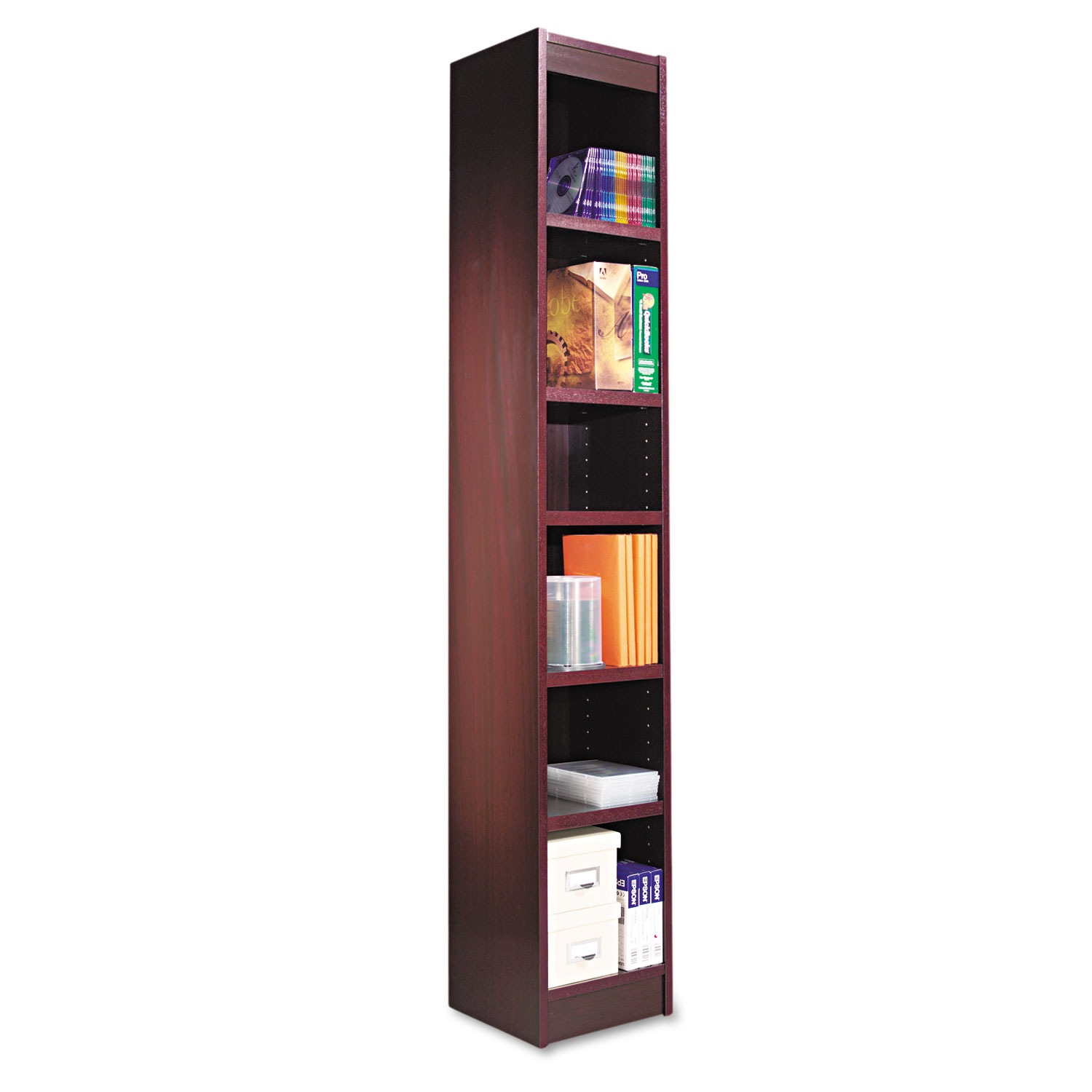 Narrow Profile Bookcase, Wood Veneer, Six-Shelf, 12w x 11-3/4d x 72h, Mahogany