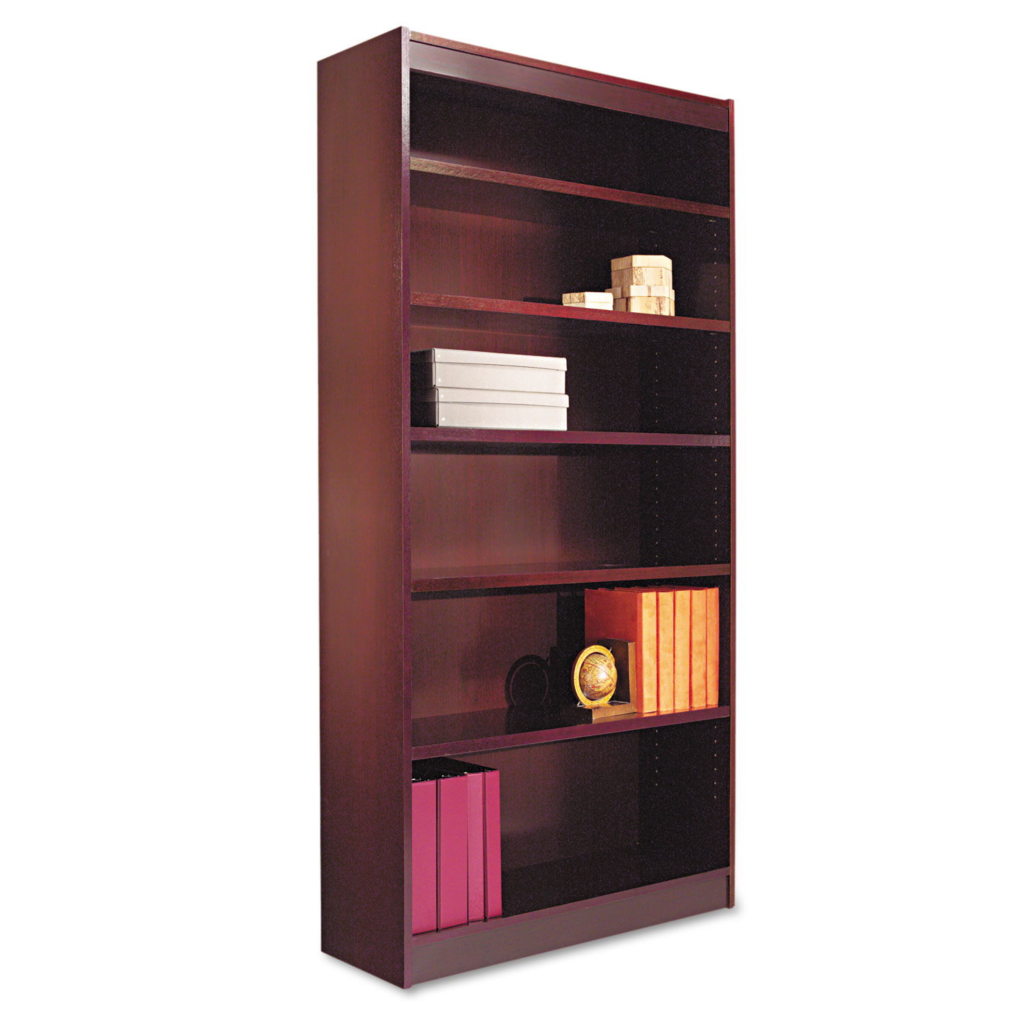  Alera ALEBCS67236MY Square Corner Wood Veneer Bookcase, Six-Shelf, 35.63w x 11.81d x 71.73h, Mahogany (ALEBCS67236MY) 