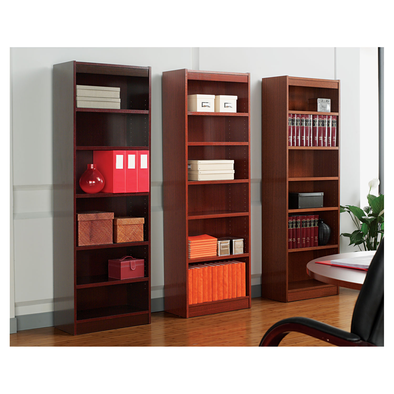 Square Corner Wood Veneer Bookcase, Six-Shelf, 35-5/8w x 11-3/4d x 72h, Mahogany