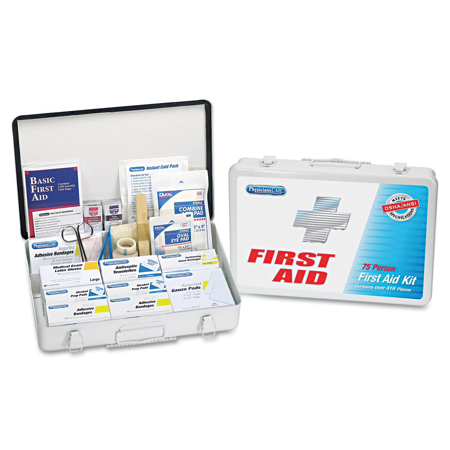 First Aid Kit for up to 75 People, Metal, 419 Pieces/Kit