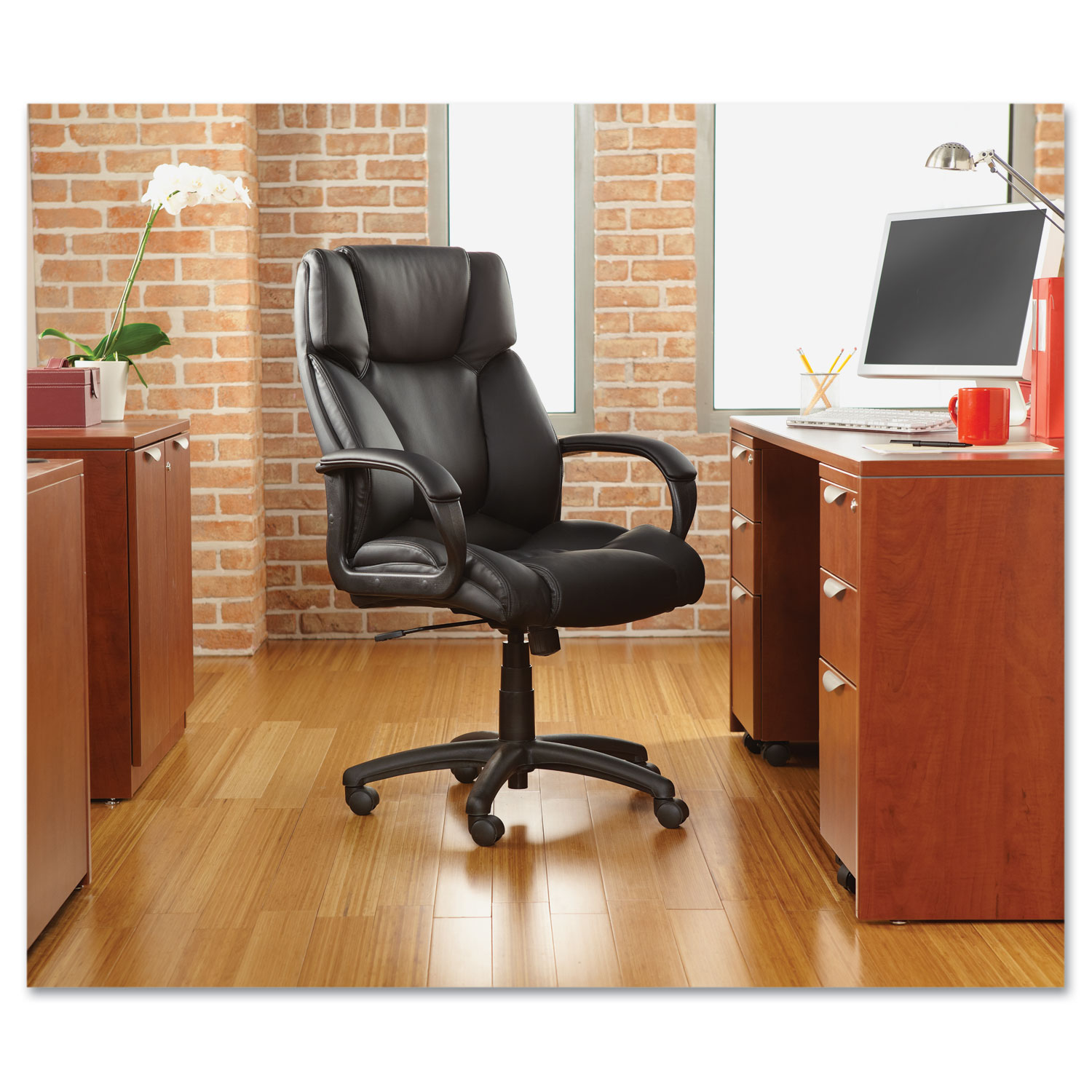 Alera Fraze Executive High-Back Swivel/Tilt Leather Chair, Supports up to 275 lbs., Black Seat/Black Back, Black Base