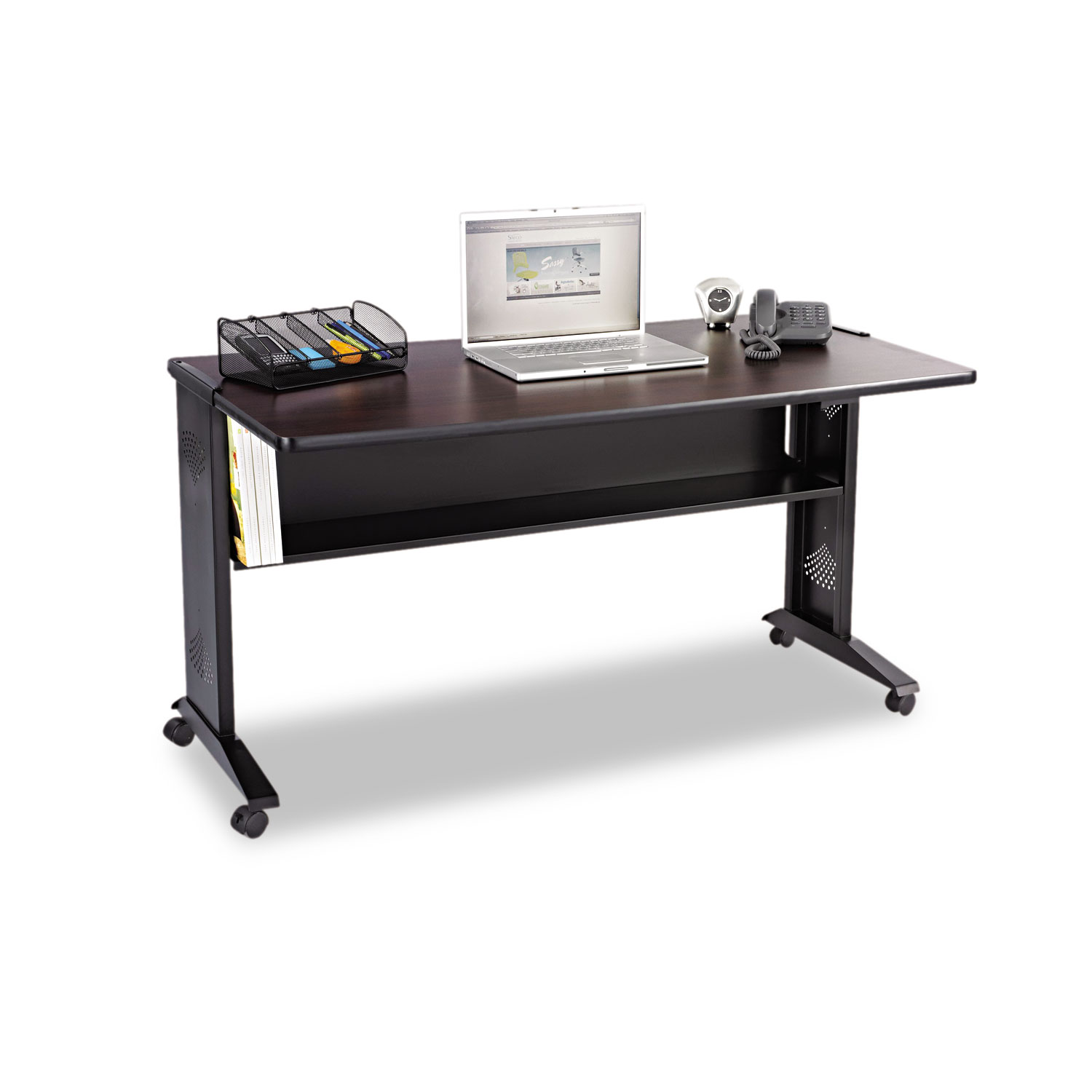 Mobile Computer Desk W/Reversible Top, 53.5 x 28 x 30, Mahogany/Medium Oak/Black