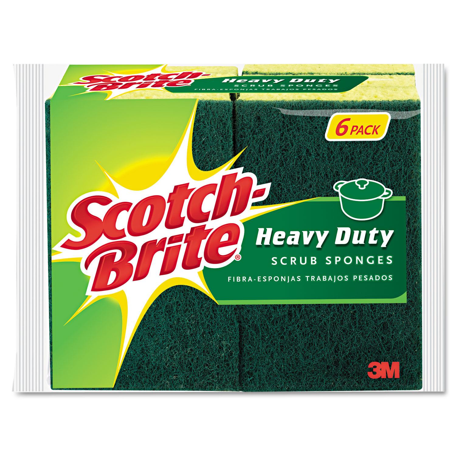  Scotch-Brite 426 Heavy-Duty Scrub Sponge, 4 1/2 x 2 7/10 x 3/5, Green/Yellow, 6/Pack (MMM426) 