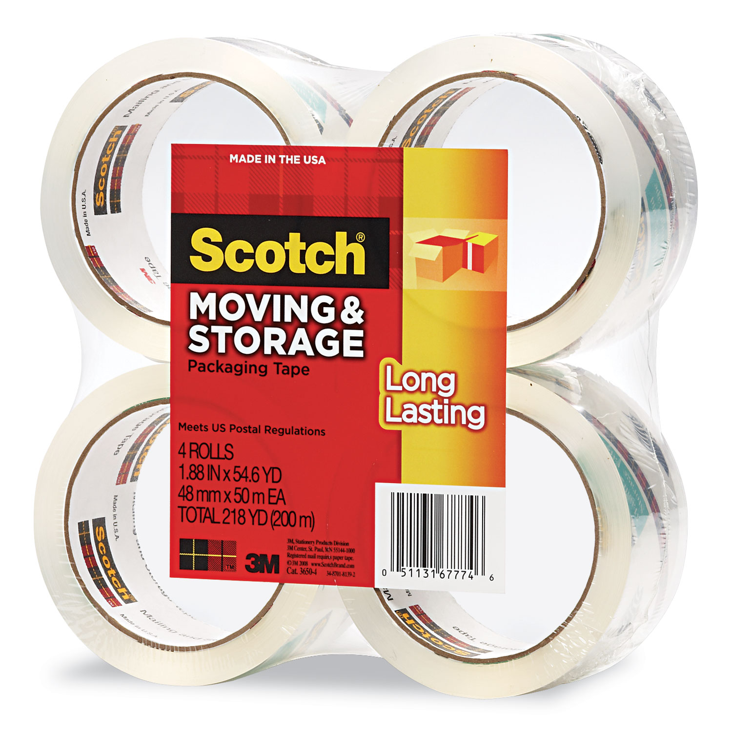 Storage Tape, 1.88 x 54.6yds, 3 Core, Clear, 4 Rolls/Pack