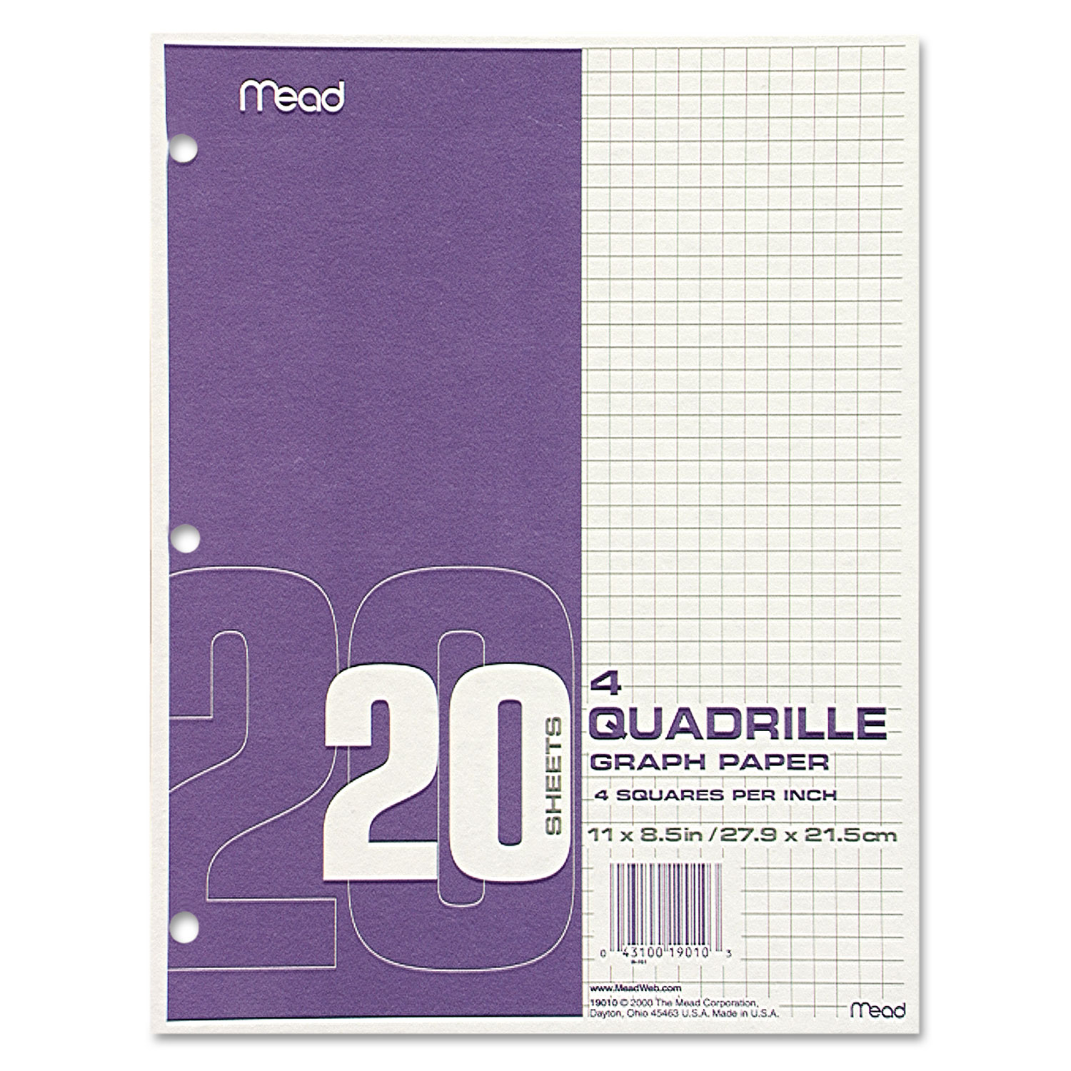  Mead 19010 Graph Paper Tablet, 3-Hole, 8.5 x 11, Quadrille: 4 sq/in, 20 Sheets/Pad, 12 Pads/Pack (MEA19010) 