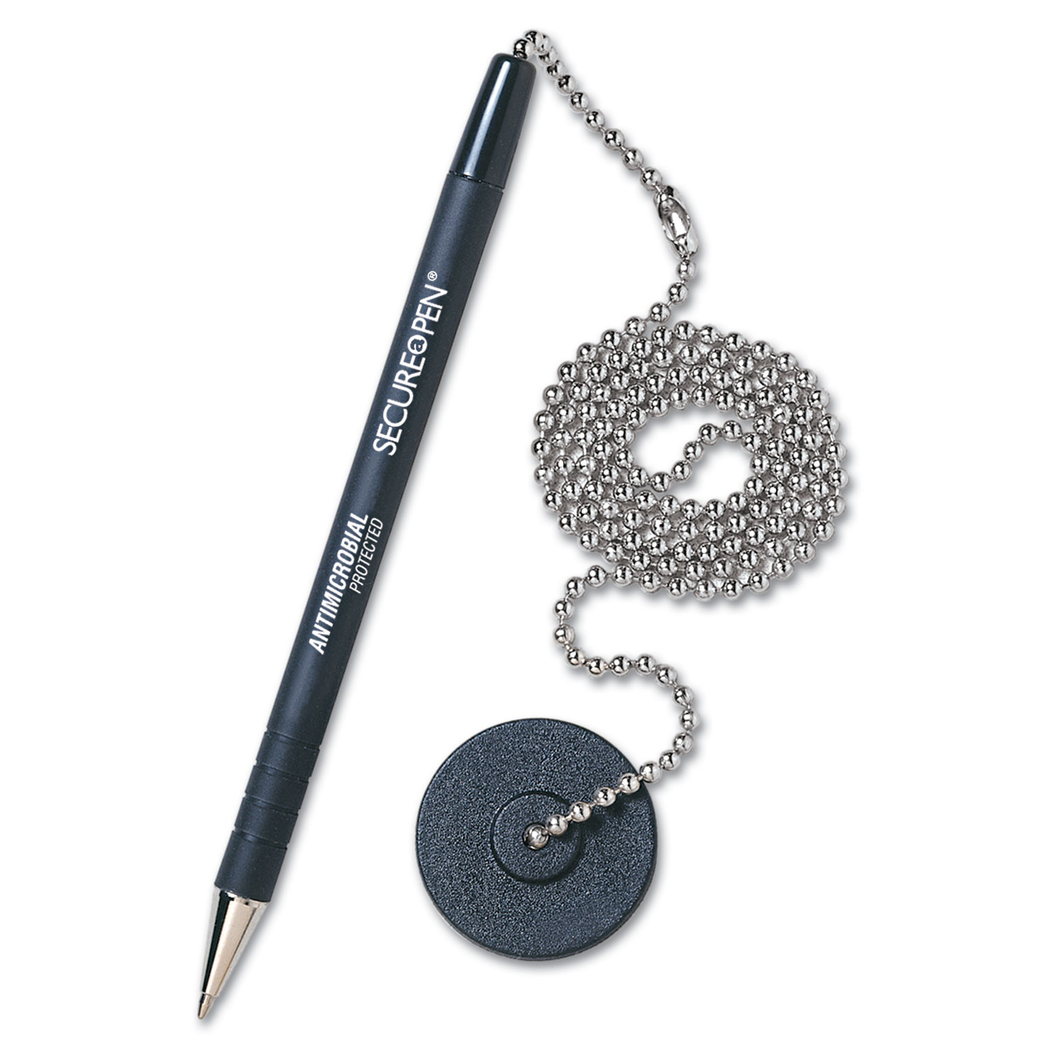  MMF Industries 28904 Secure-A-Pen Antimicrobial Ballpoint Counter Pen Kit with Round Base and 24 Ball Chain, 1mm, Black Ink/Barrel (MMF28904) 