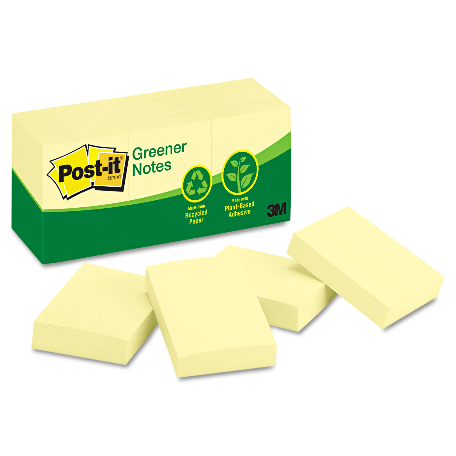  Post-it Greener Notes 653RP Recycled Note Pads, 1 1/2 x 2, Canary Yellow, 100-Sheet, 12/Pack (MMM653RPYW) 