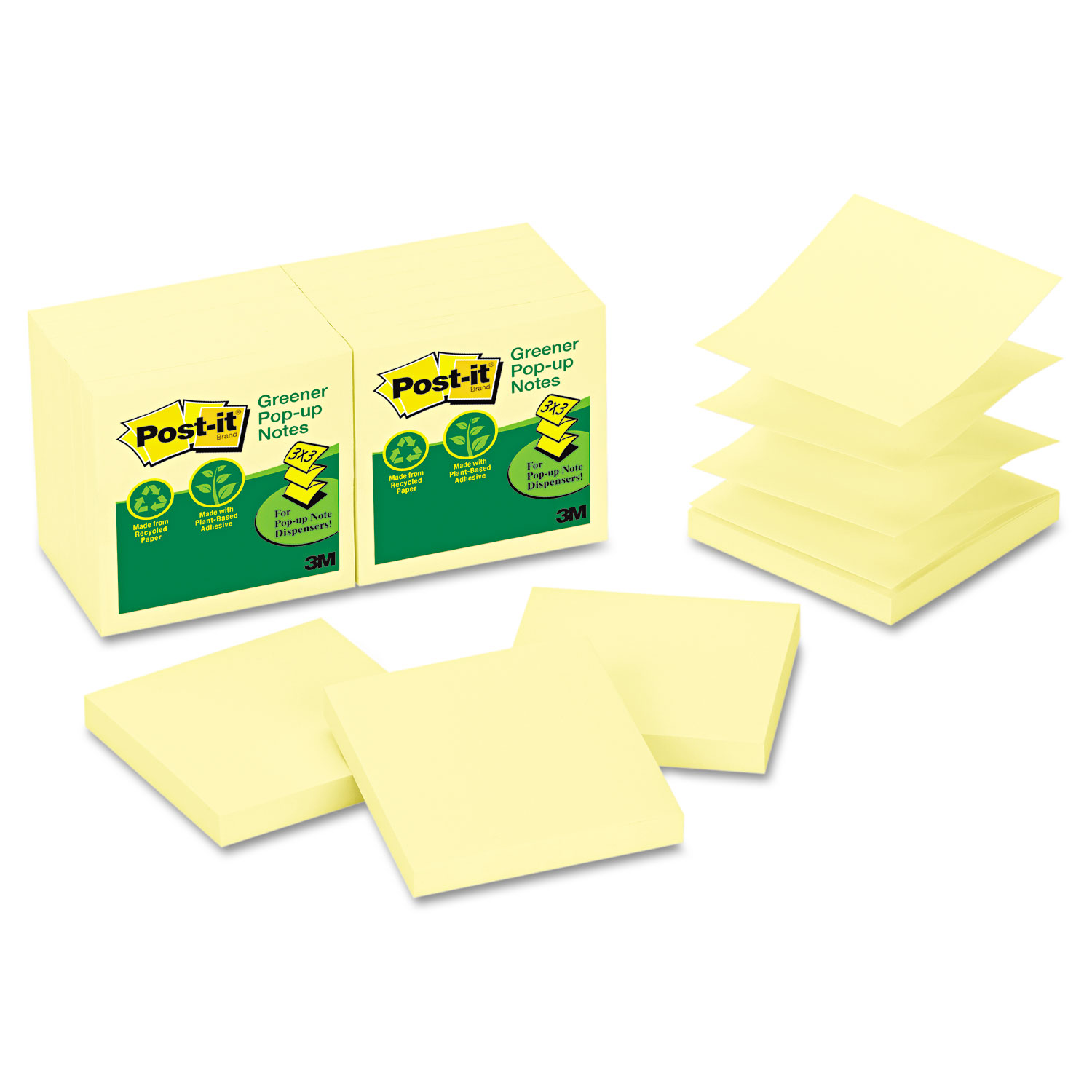  Post-it Greener Notes R330RP-12YW Recycled Pop-up Notes, 3 x 3, Canary Yellow, 100-Sheet, 12/Pack (MMMR330RP12YW) 