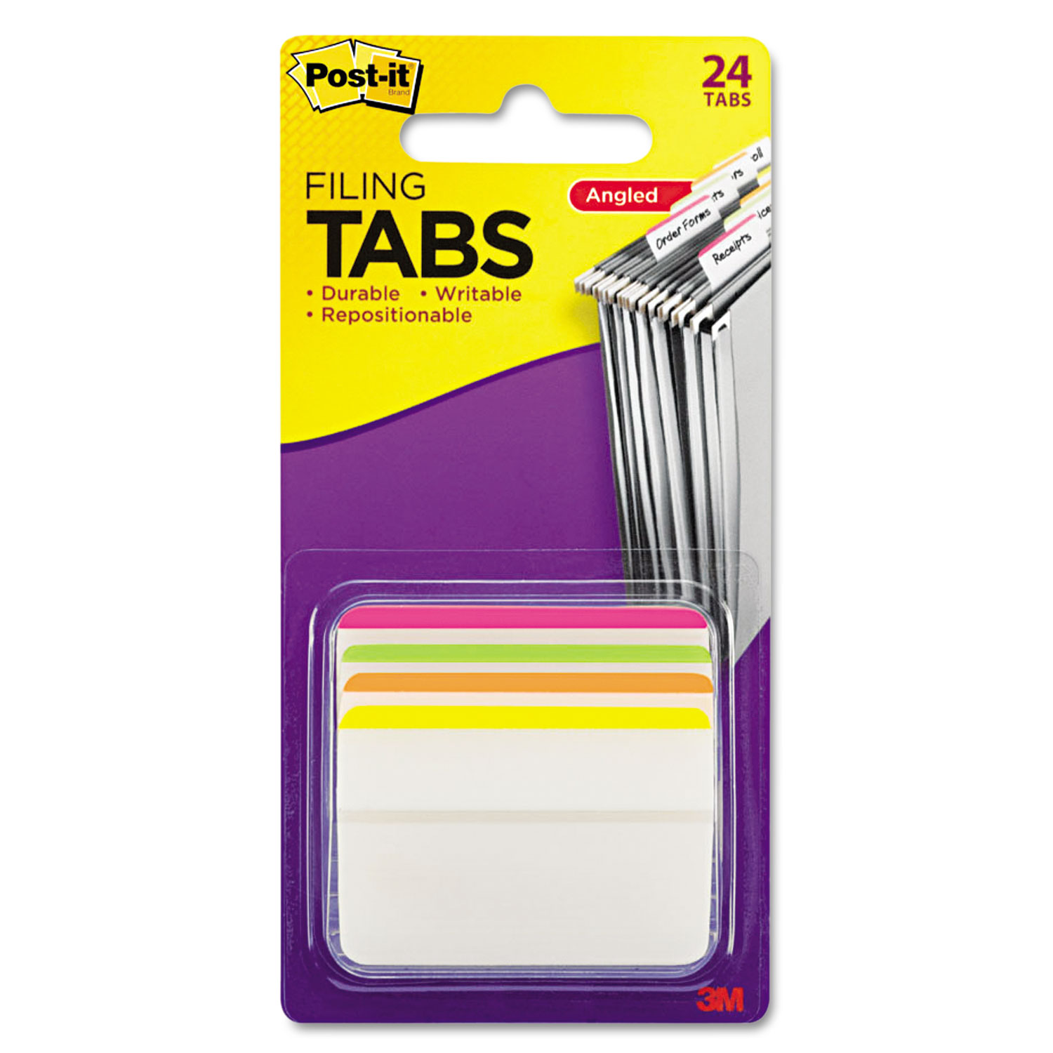 2" Angled Tabs, Lined, 1/5-Cut Tabs, Assorted Brights, 2" Wide, 24/Pack