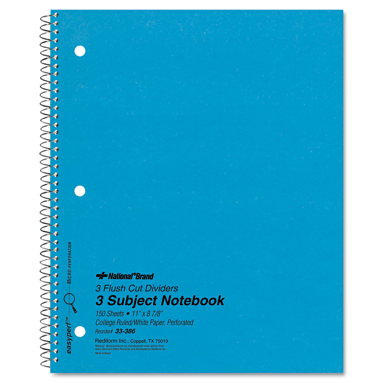  National 33386 Three-Subject Wirebound Notebooks, 3 Subjects, Medium/College Rule, Blue Cover, 11 x 8.88, 150 Sheets (RED33386) 