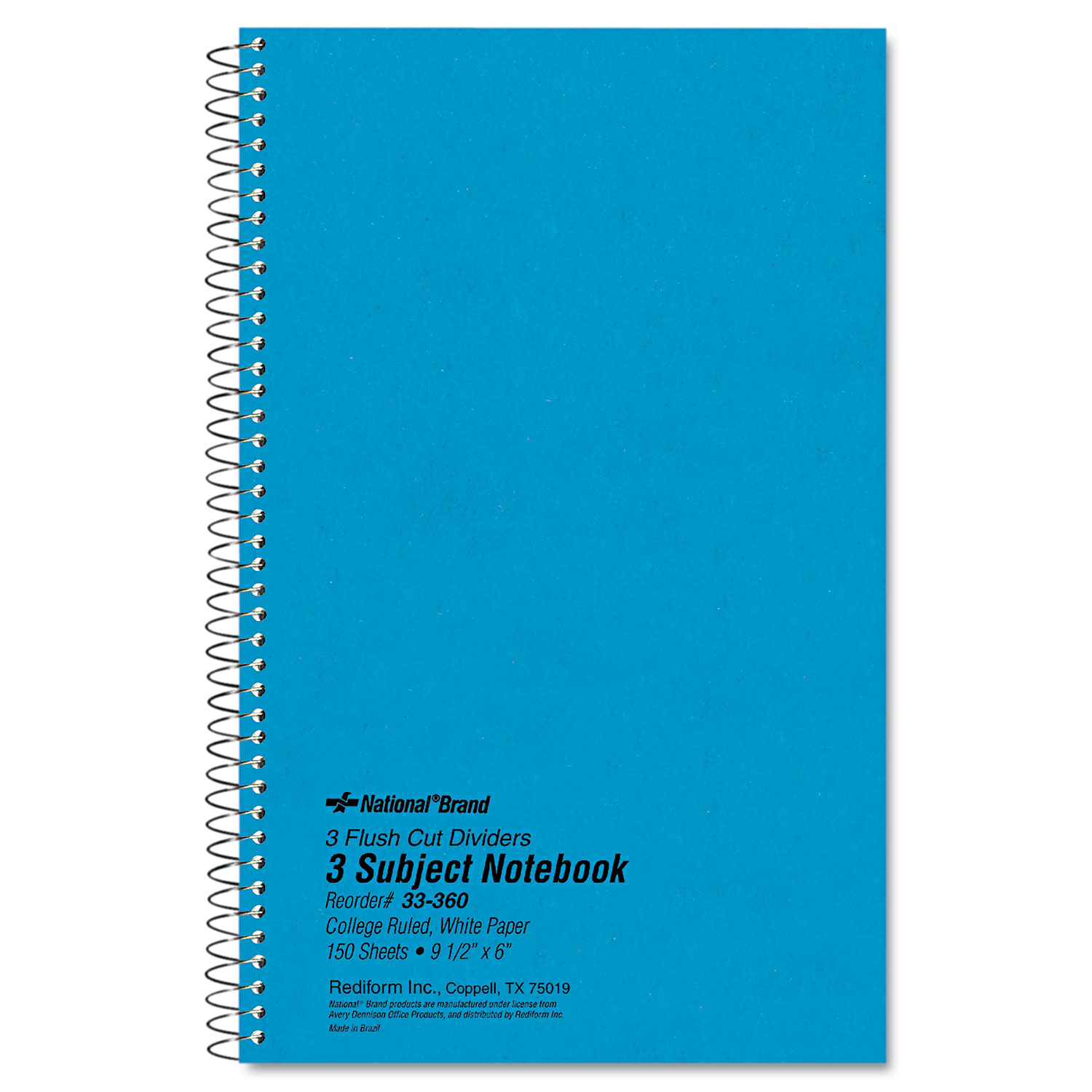  National 33360 Three-Subject Wirebound Notebooks, 3 Subjects, Medium/College Rule, Blue Cover, 9.5 x 6, 150 Sheets (RED33360) 