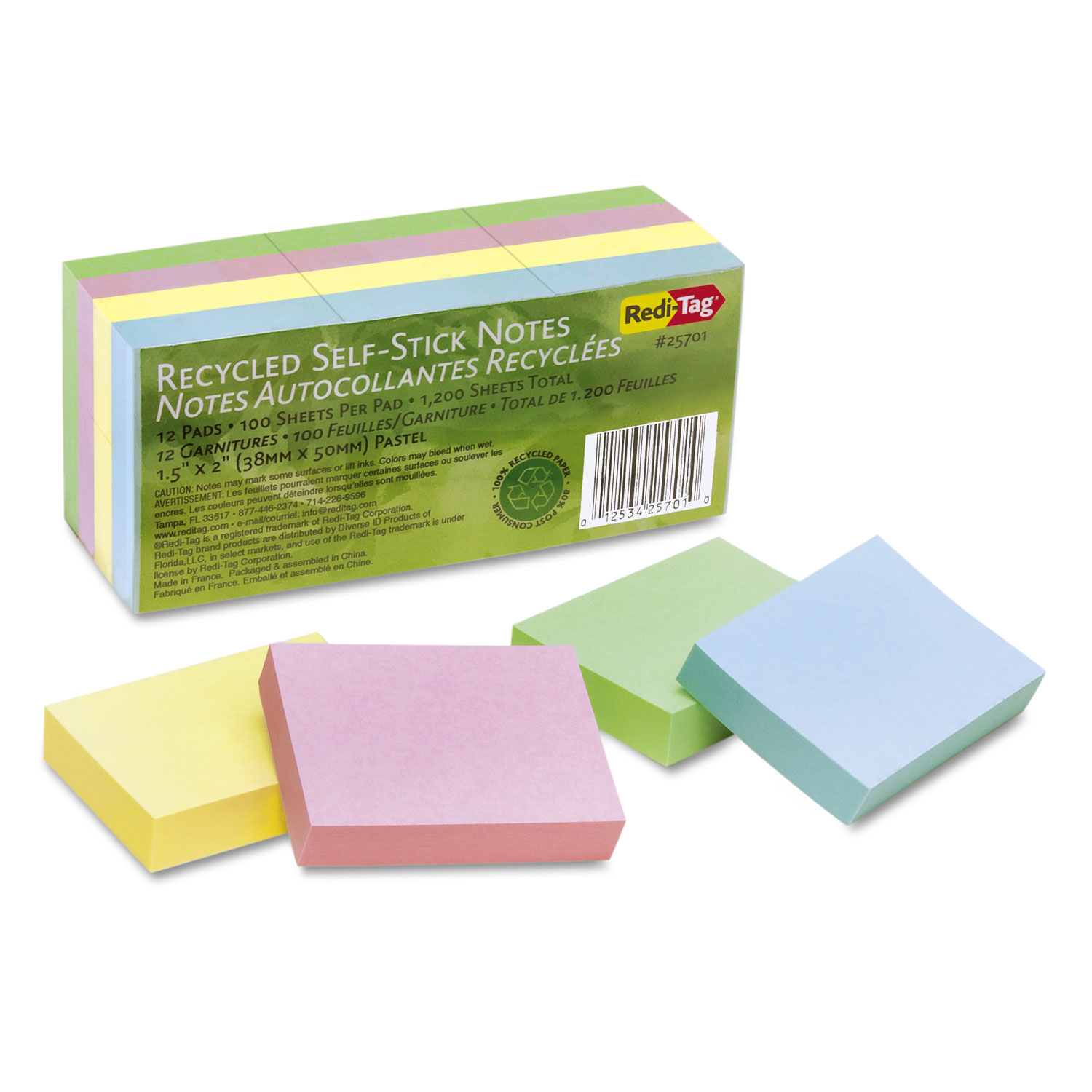  Redi-Tag 25701 100% Recycled Notes, 1 1/2 x 2, Four Pastel Colors, 12 100-Sheet Pads/Pack (RTG25701) 