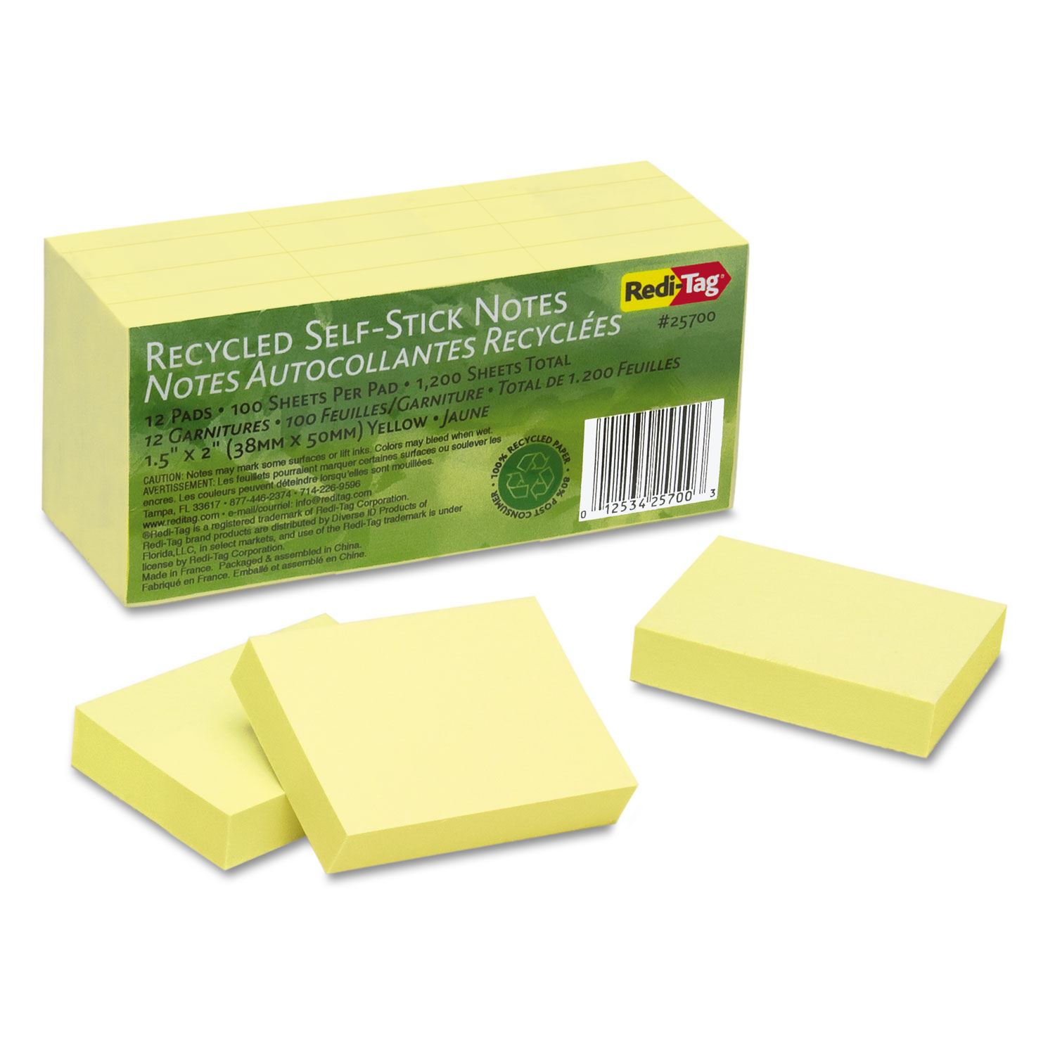  Redi-Tag 25700 100% Recycled Notes, 1 1/2 x 2, Yellow, 12 100-Sheet Pads/Pack (RTG25700) 