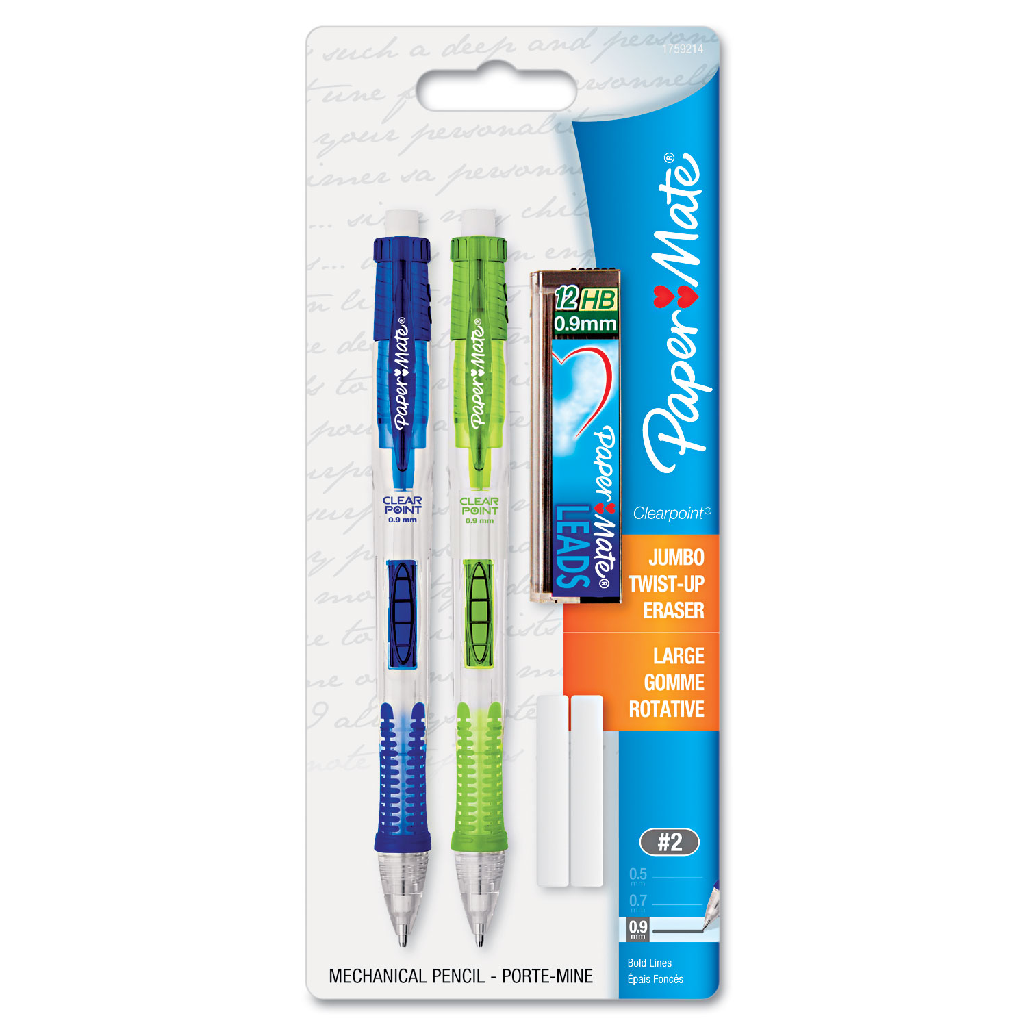  Paper Mate 1759214 Clear Point Mechanical Pencil, 0.9 mm, HB (#2.5), Black Lead, Assorted Barrel Colors, 2/Pack (PAP1759214) 