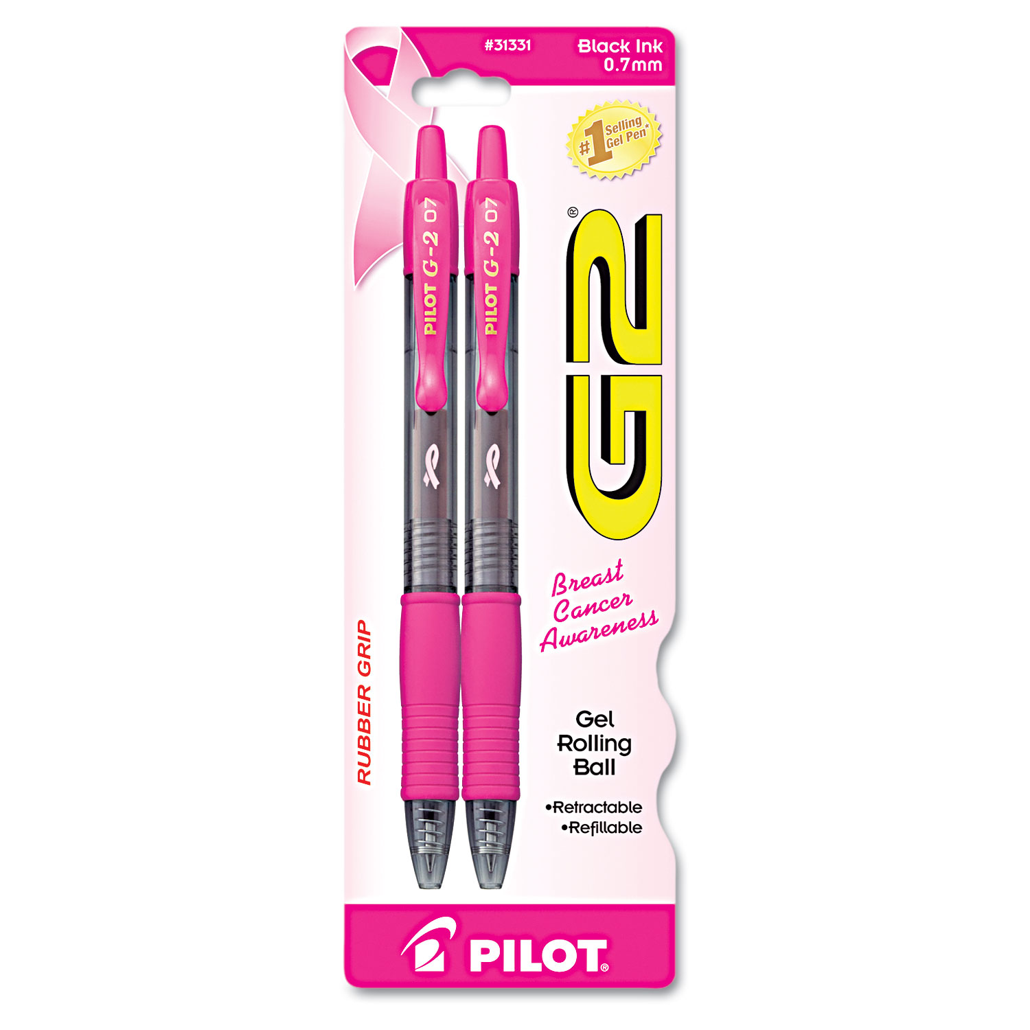  Pilot 31331 G2 Premium Pink-Ribbon Retractable Gel Pen, 0.7mm, Black Ink, Smoke Barrel, 2 Pens (PIL31331) 