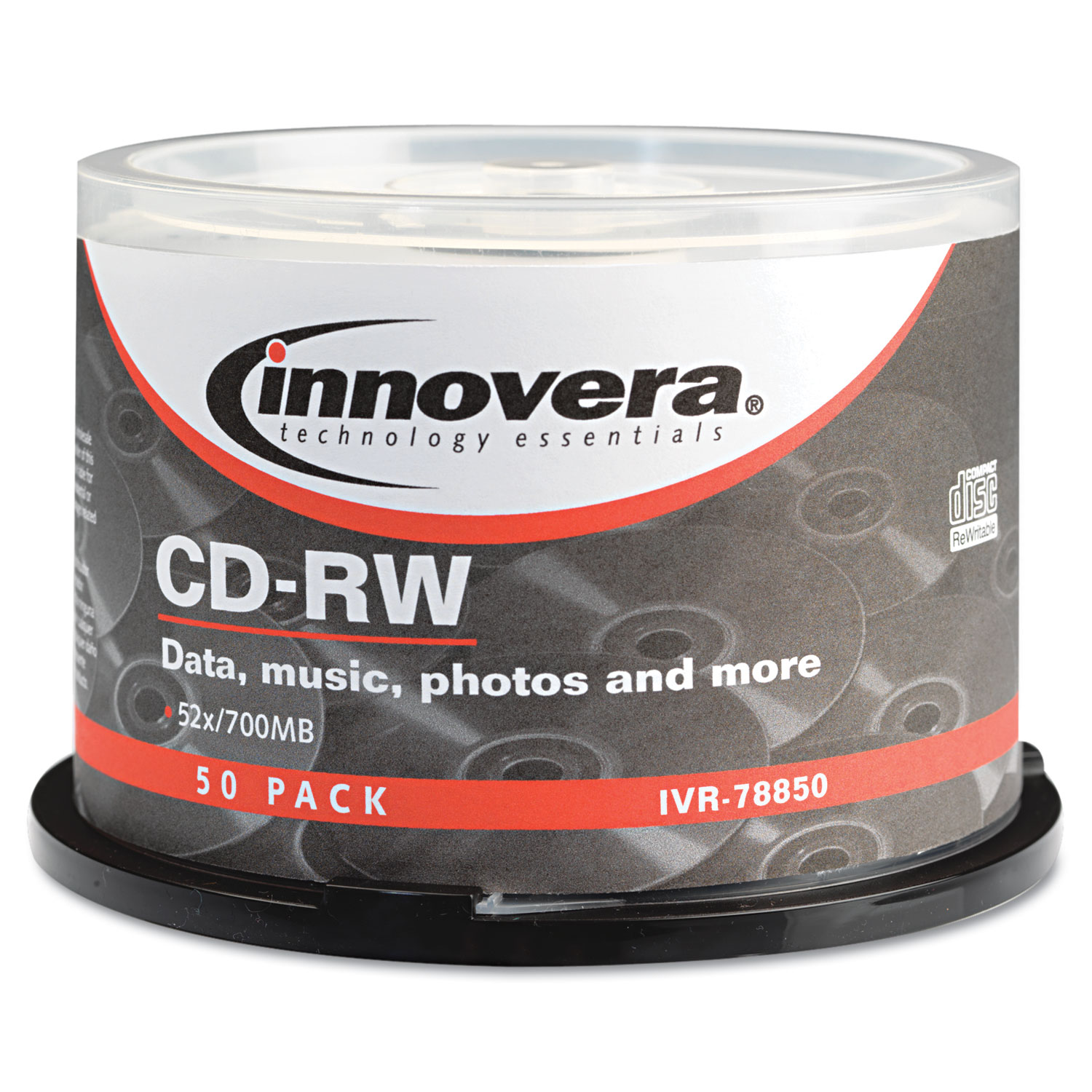  Innovera IVR78850 CD-RW Discs, Rewritable, 700MB/80min, 12x, Spindle, Silver, 50/Pack (IVR78850) 