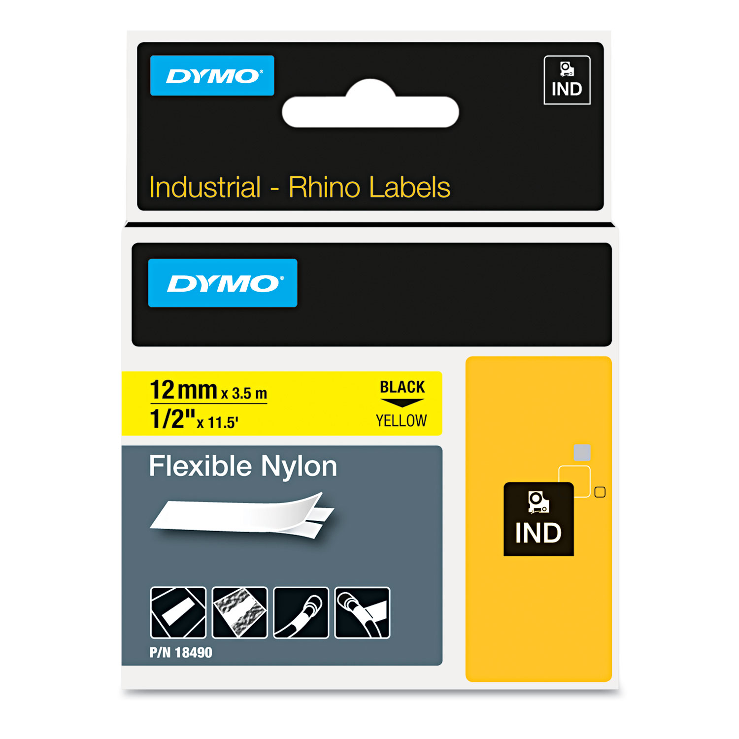 DYMO 18490 Rhino Flexible Nylon Industrial Label Tape, 0.5 x 11.5 ft, Yellow/Black Print (DYM18490) 