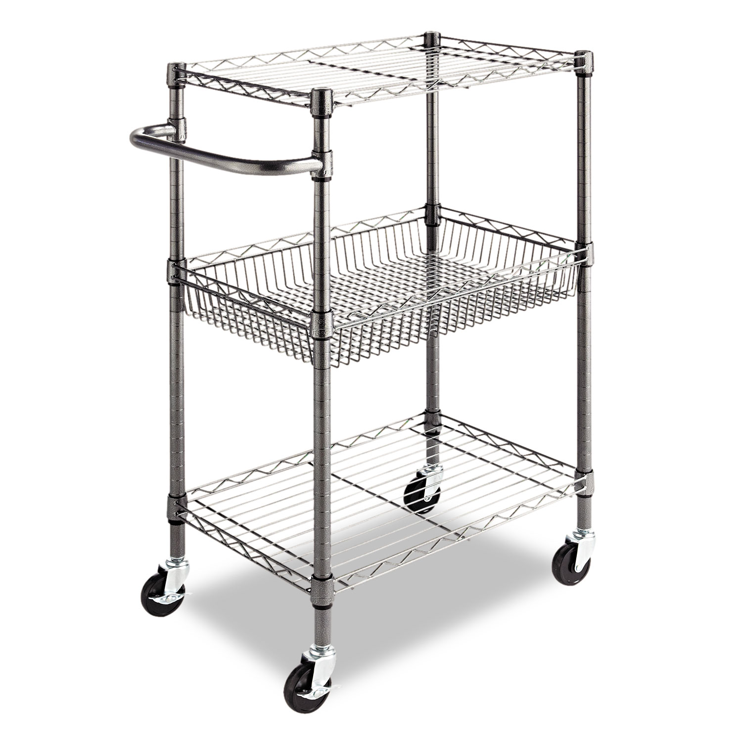 Three-Tier Wire Cart with Basket, Metal, 2 Shelves, 1 Bin, 500 lb Capacity,  28 x 16 x 39, Black Anthracite - JAD