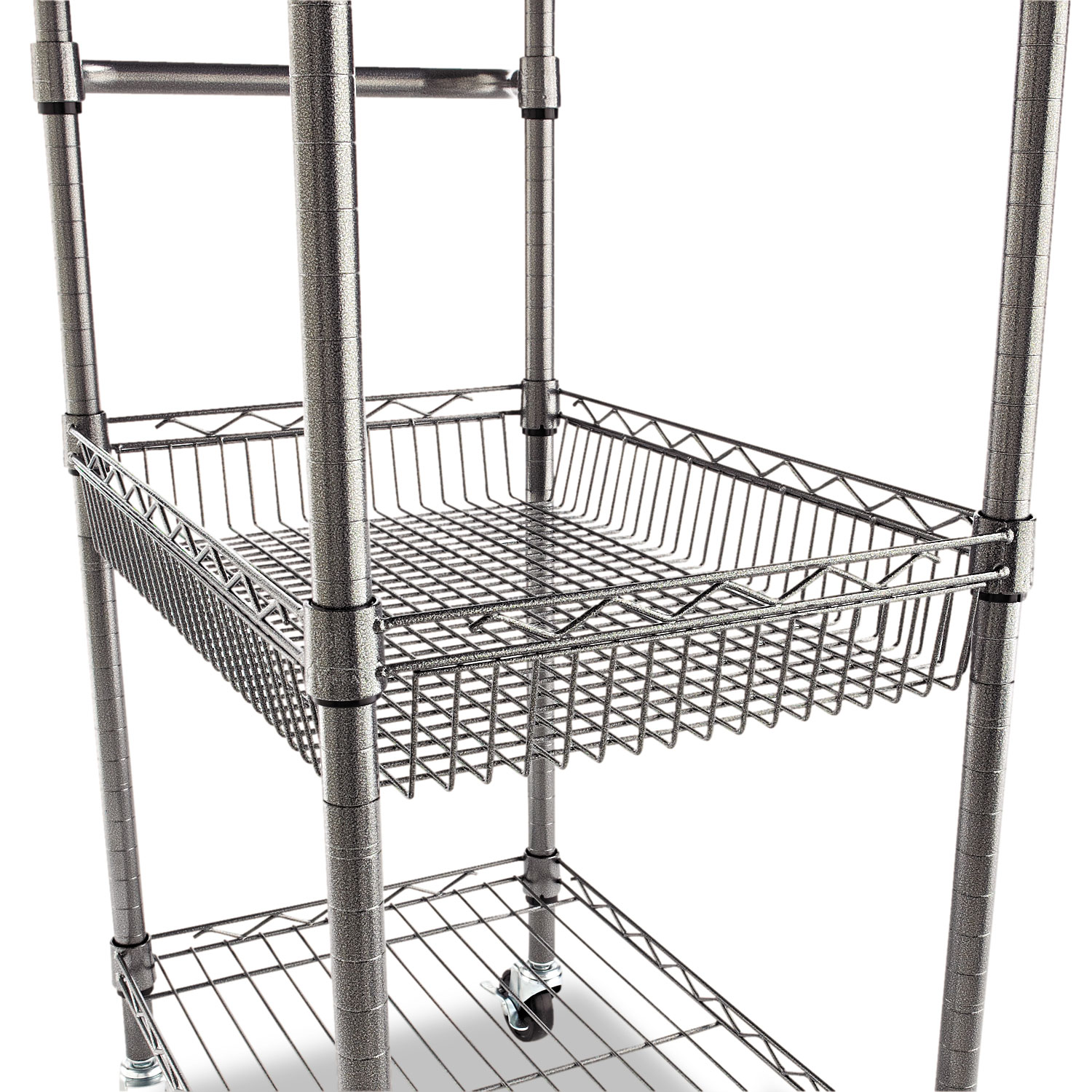 Three-Tier Wire Cart with Basket, Metal, 2 Shelves, 1 Bin, 500 lb