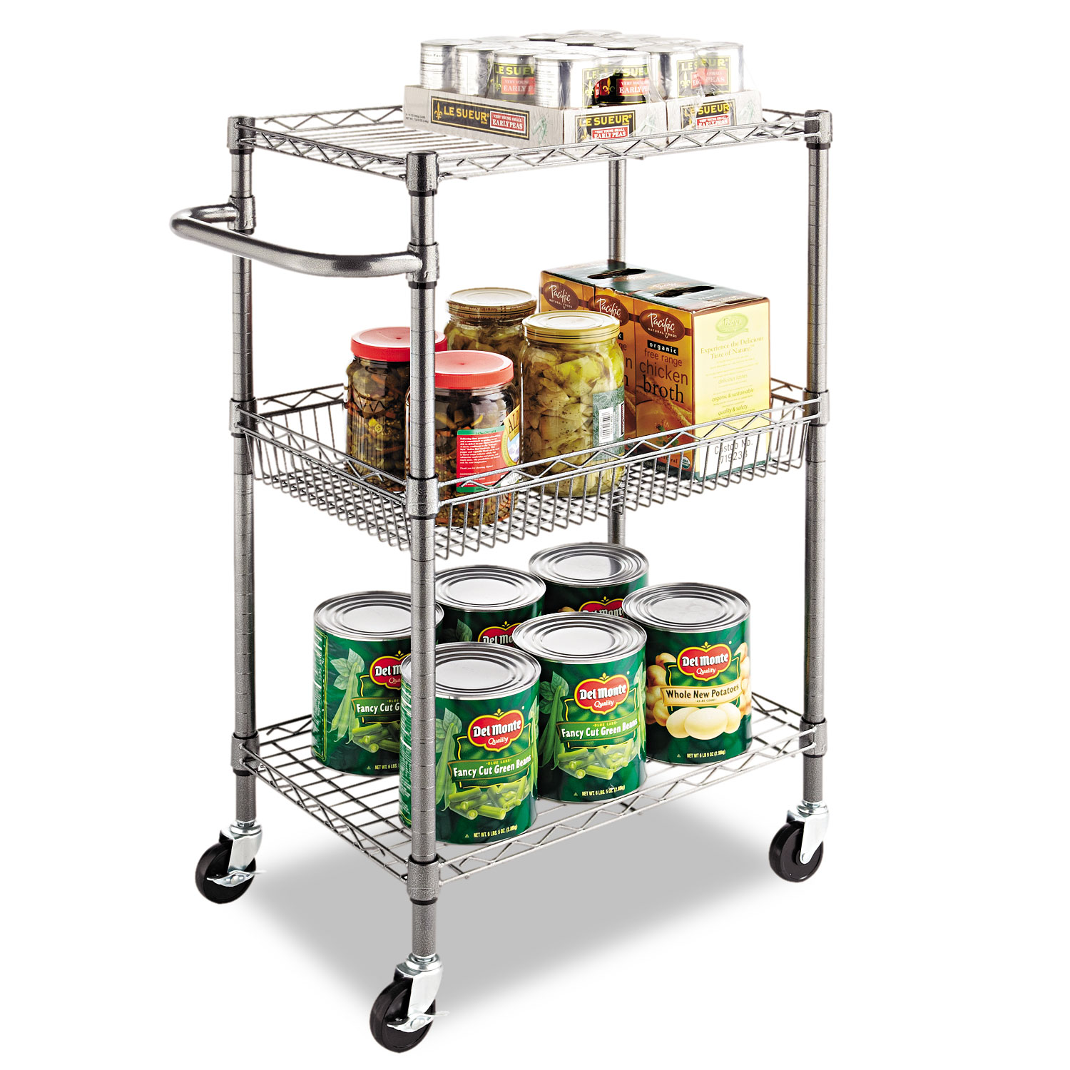 Three-Tier Wire Cart with Basket, Metal, 2 Shelves, 1 Bin, 500 lb Capacity,  28 x 16 x 39, Black Anthracite