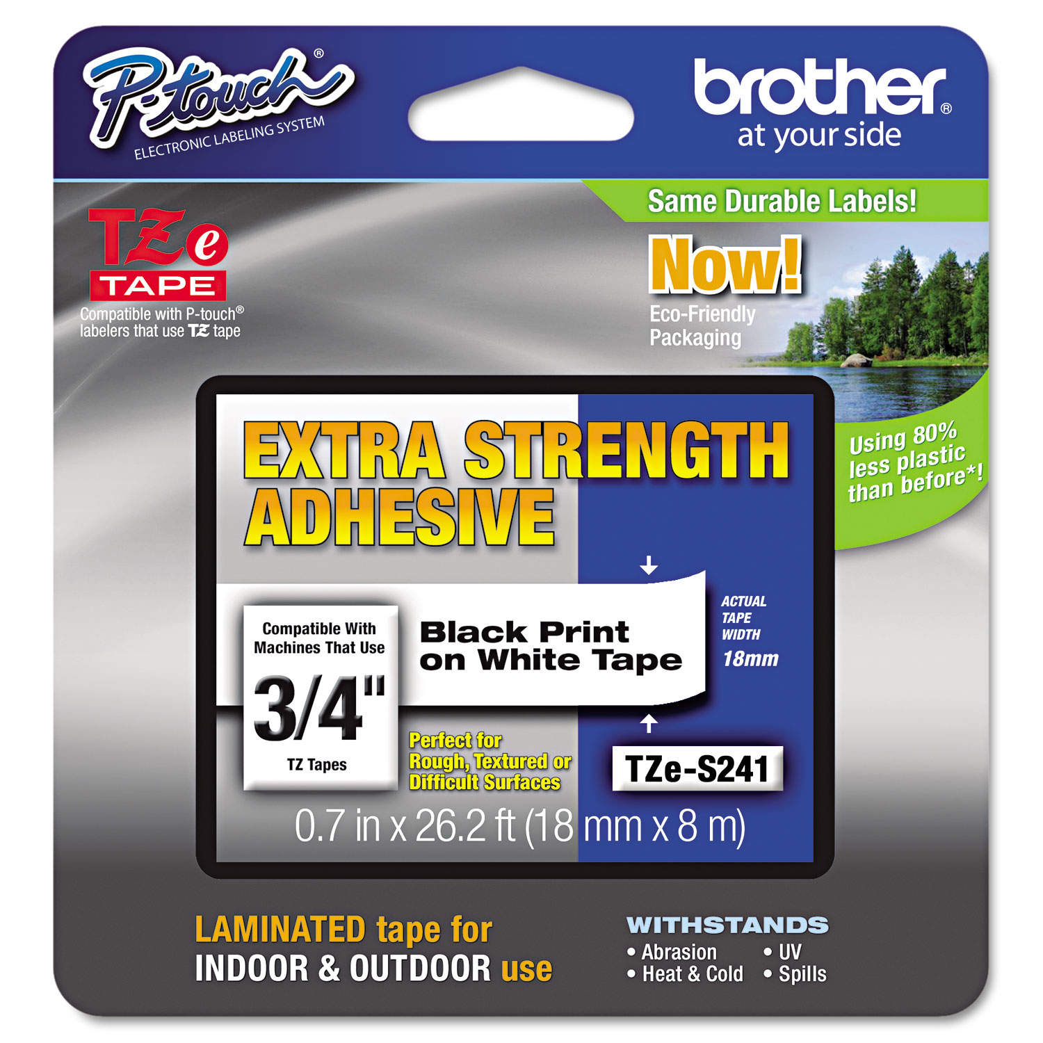  Brother P-Touch TZES241 TZe Extra-Strength Adhesive Laminated Labeling Tape, 0.7 x 26.2 ft, Black on White (BRTTZES241) 