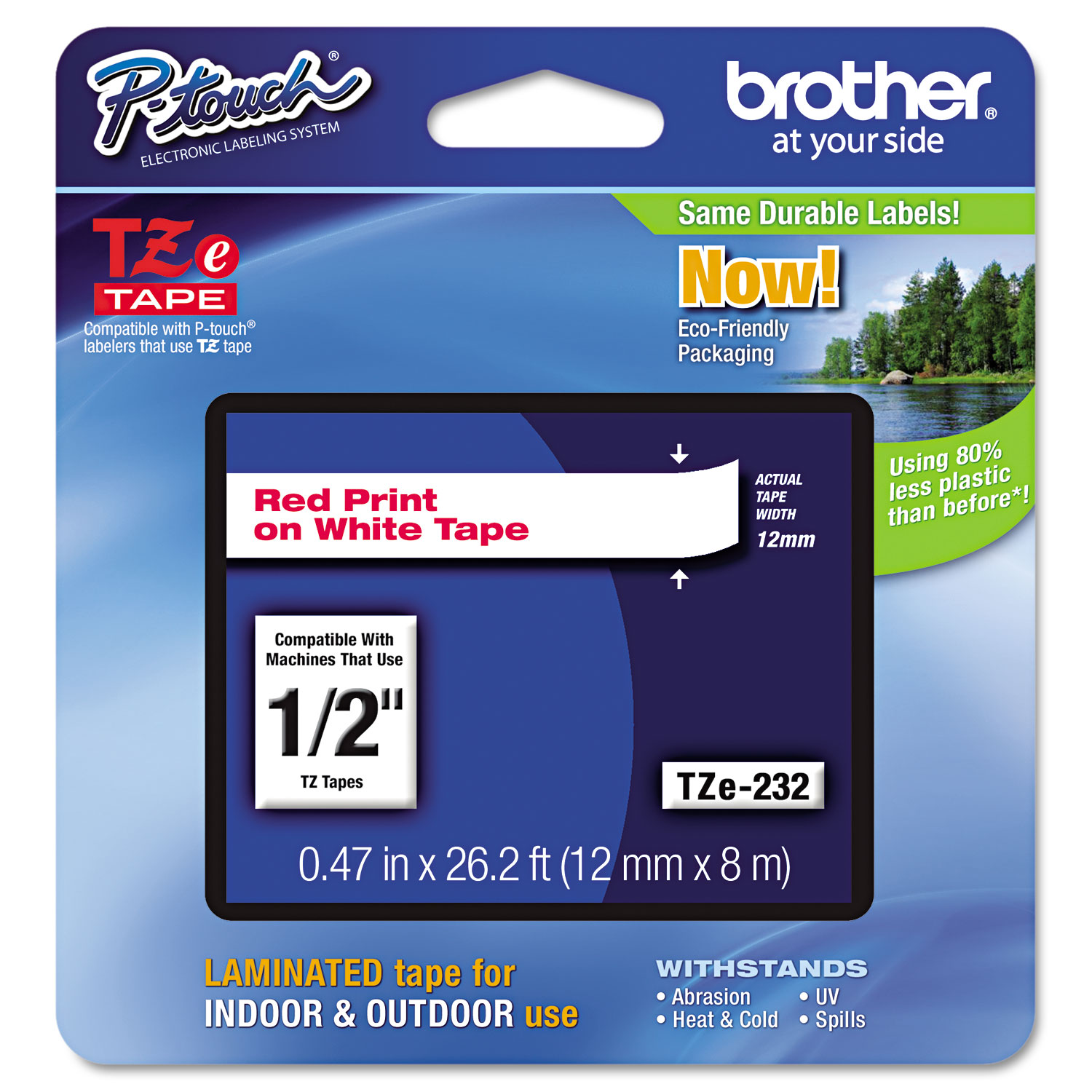  Brother P-Touch TZE232 TZe Standard Adhesive Laminated Labeling Tape, 0.47 x 26.2 ft, Red on White (BRTTZE232) 