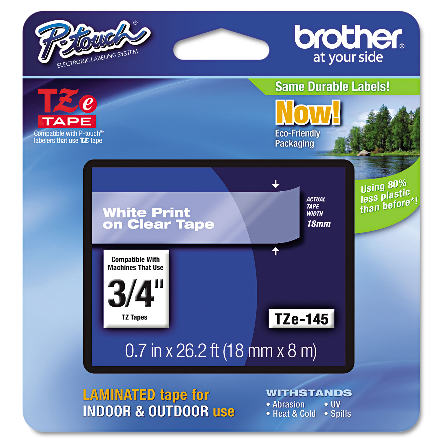  Brother P-Touch TZE145 TZe Standard Adhesive Laminated Labeling Tape, 0.7 x 26.2 ft, White on Clear (BRTTZE145) 