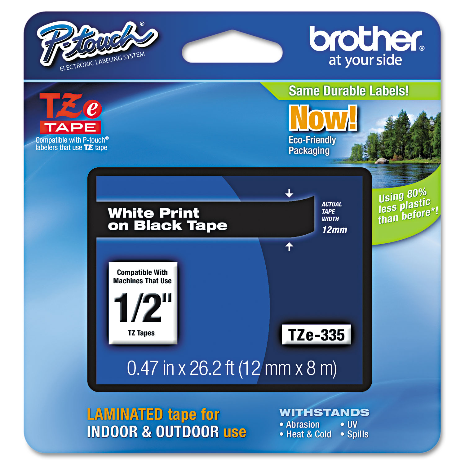  Brother P-Touch TZE335 TZe Standard Adhesive Laminated Labeling Tape, 0.47 x 26.2 ft, White on Black (BRTTZE335) 