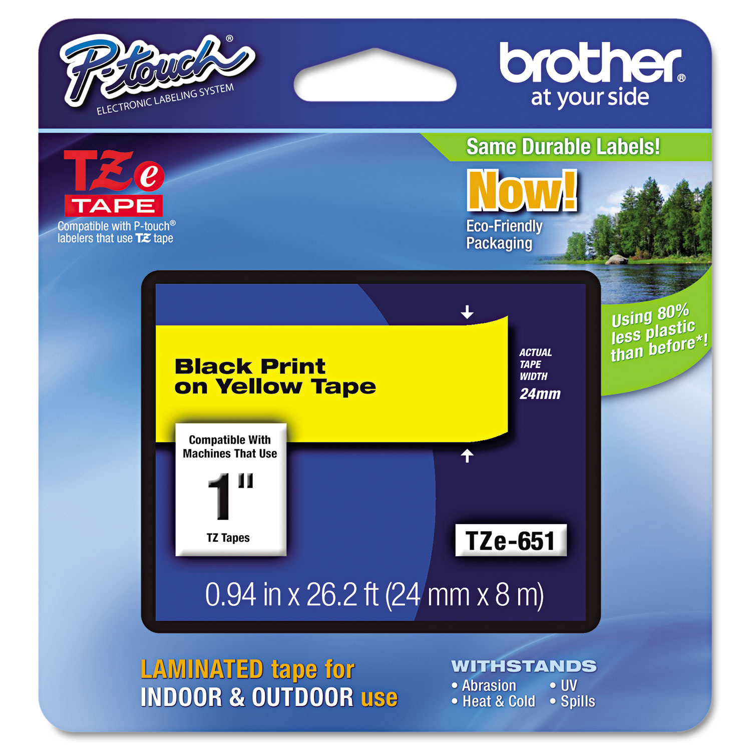  Brother P-Touch TZE651 TZe Standard Adhesive Laminated Labeling Tape, 0.94 x 26.2 ft, Black on Yellow (BRTTZE651) 