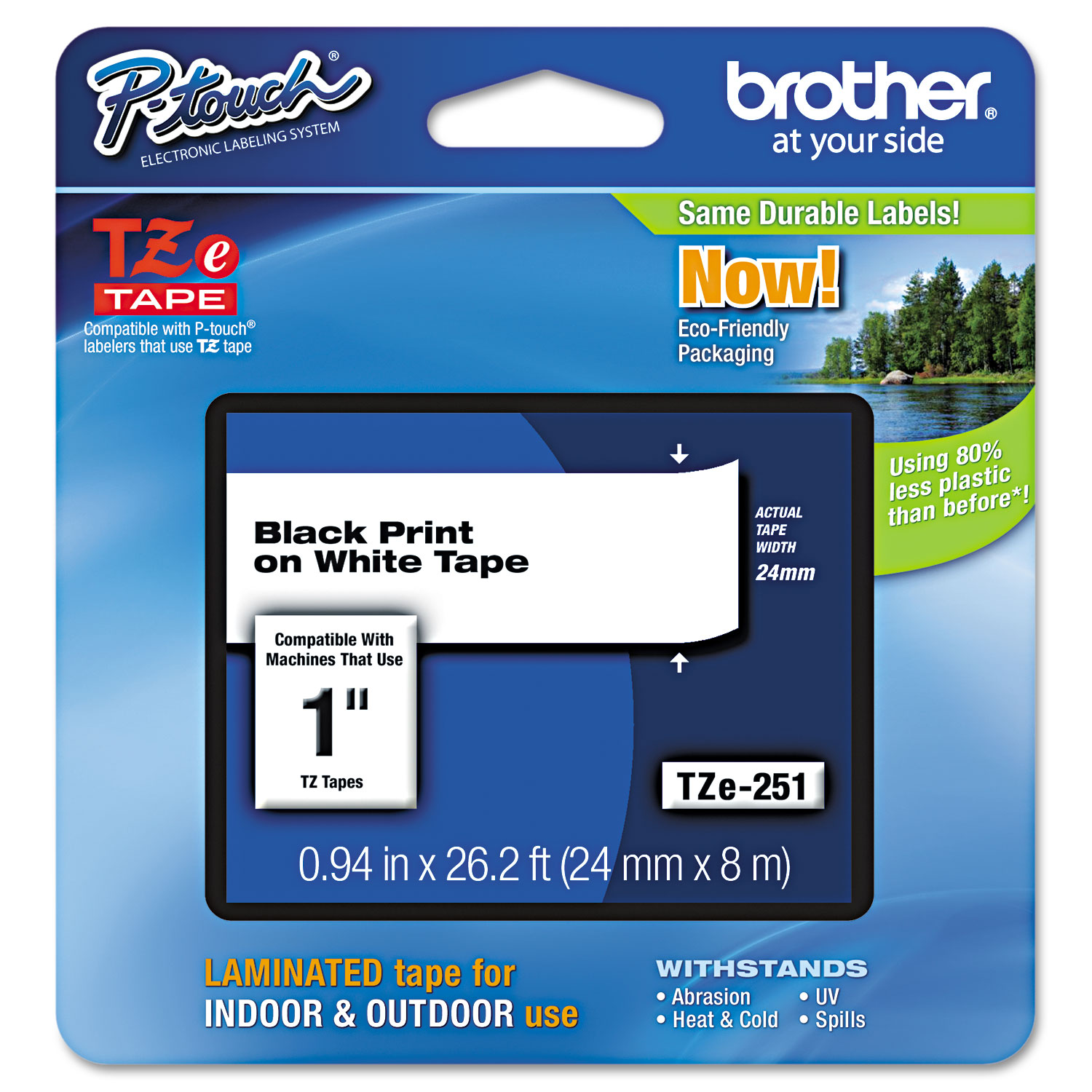  Brother P-Touch TZE251 TZe Standard Adhesive Laminated Labeling Tape, 0.94 x 26.2 ft, Black on White (BRTTZE251) 