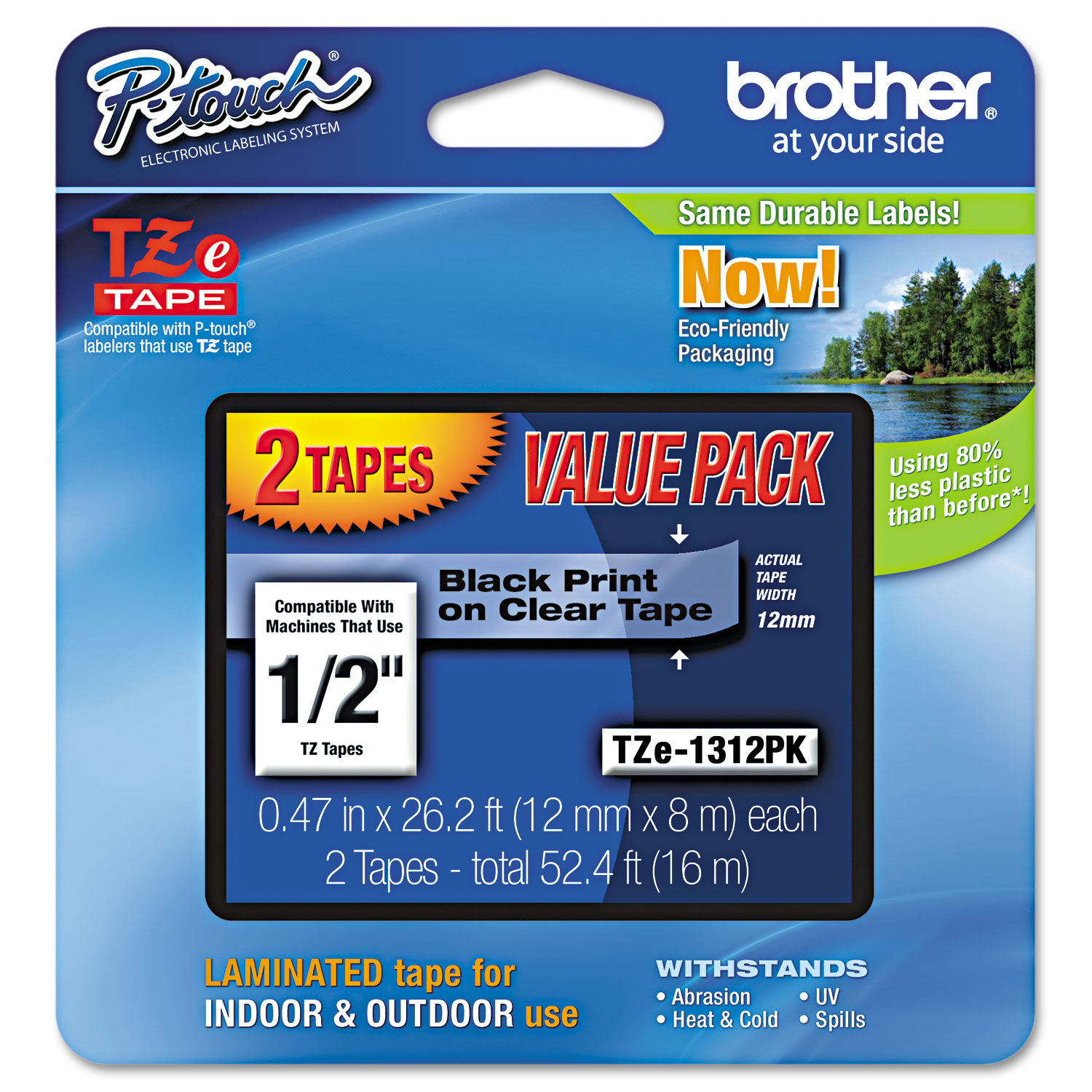  Brother P-Touch TZE1312PK TZe Standard Adhesive Laminated Labeling Tapes, 0.47 x 26.2 ft, Black on Clear, 2/Pack (BRTTZE1312PK) 
