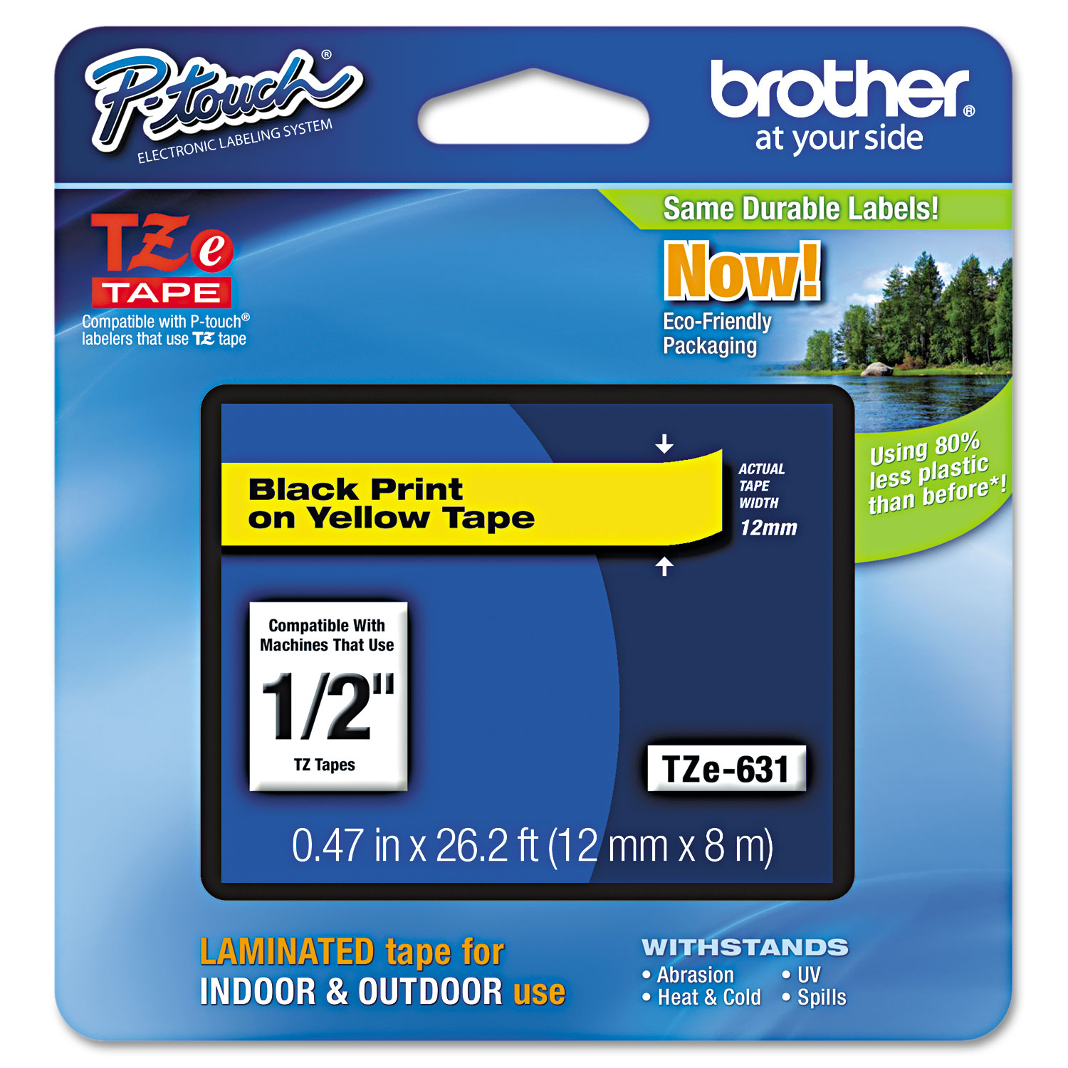  Brother P-Touch TZE631 TZe Standard Adhesive Laminated Labeling Tape, 0.47 x 26.2 ft, Black on Yellow (BRTTZE631) 