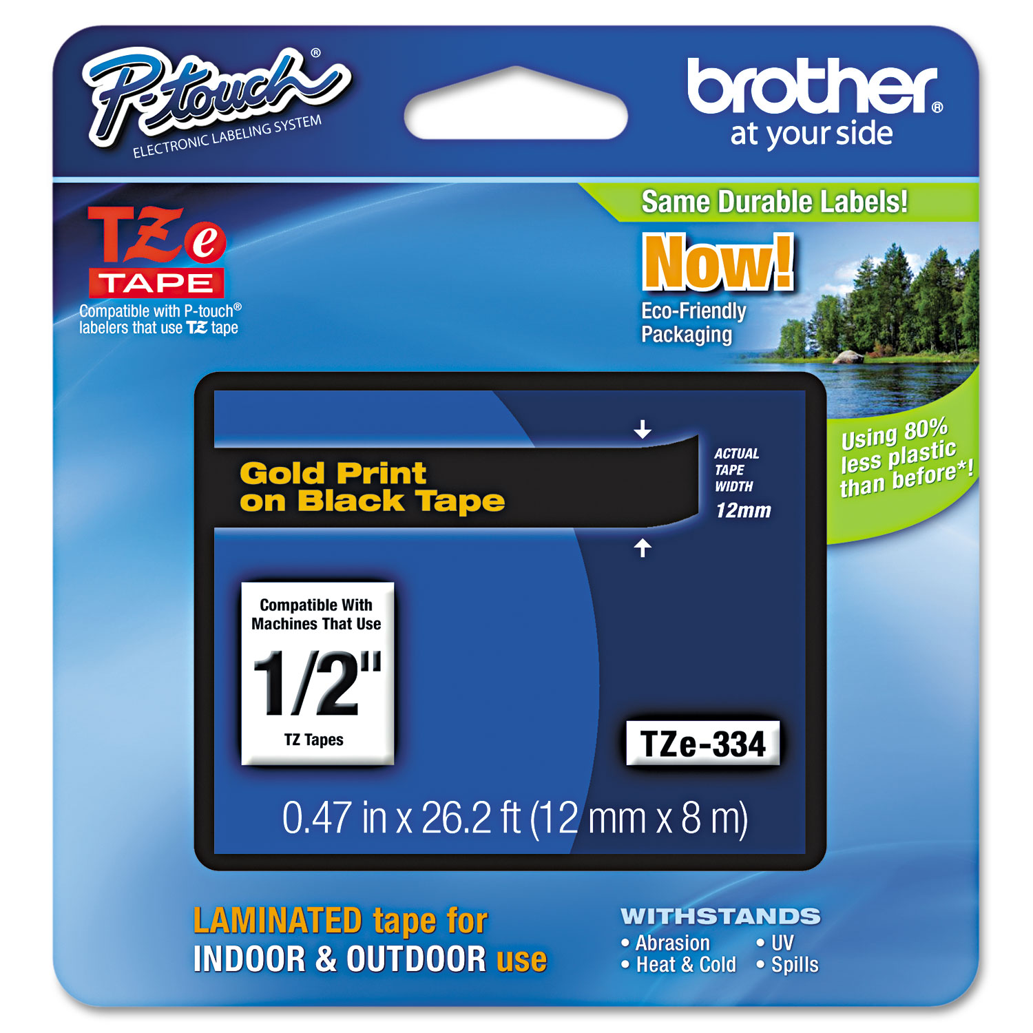  Brother P-Touch TZE334 TZe Standard Adhesive Laminated Labeling Tape, 0.47 x 26.2 ft, Gold on Black (BRTTZE334) 