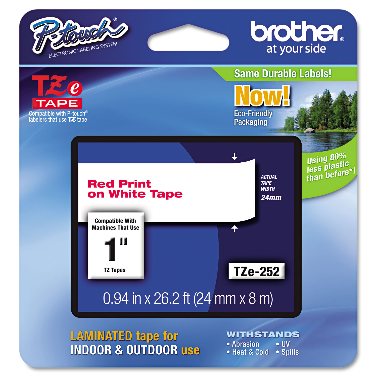  Brother P-Touch TZE252 TZe Standard Adhesive Laminated Labeling Tape, 0.94 x 26.2 ft, Red on White (BRTTZE252) 