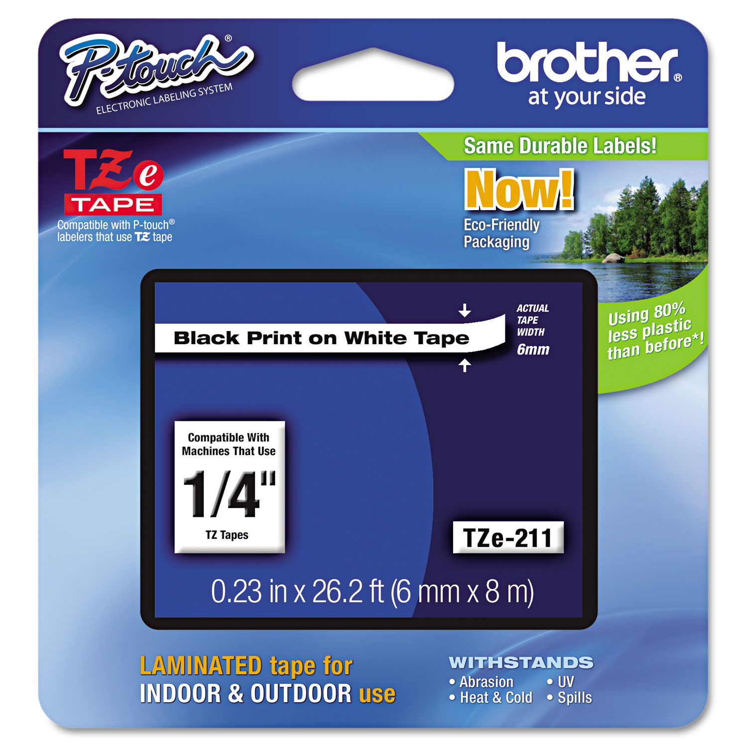  Brother P-Touch TZE211 TZe Standard Adhesive Laminated Labeling Tape, 0.23 x 26.2 ft, Black on White (BRTTZE211) 