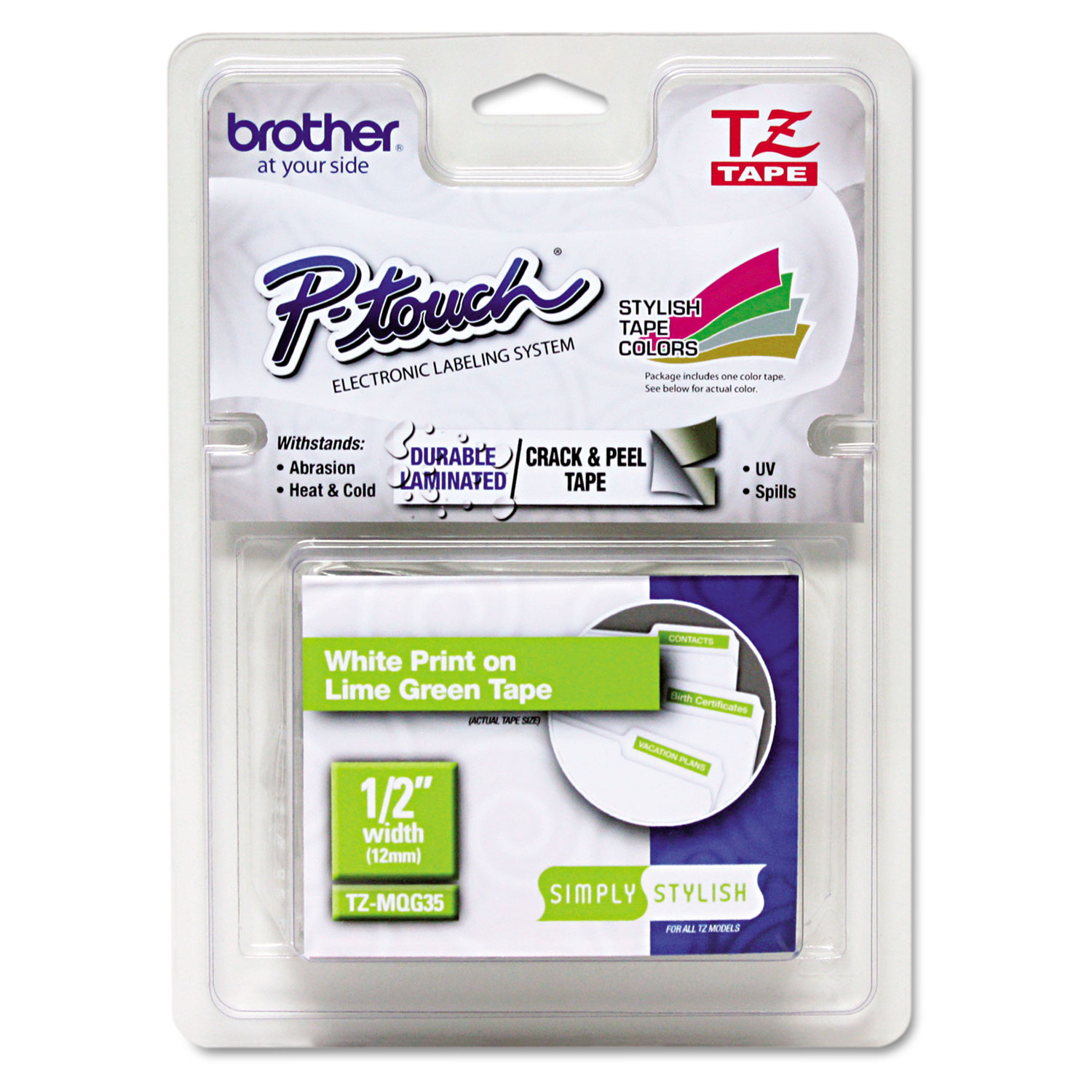 Brother P-Touch TZEMQG35 TZ Standard Adhesive Laminated Labeling Tape, 0.47 x 16.4 ft, White/Lime Green (BRTTZEMQG35) 