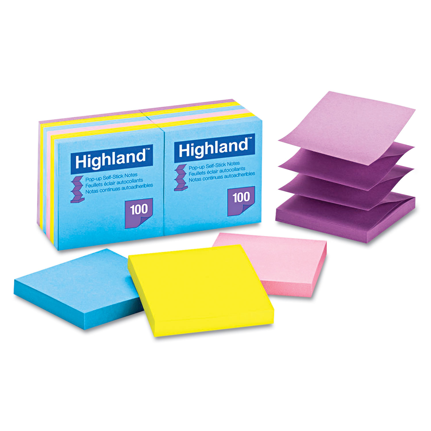 Highland 6549-PUB Self-Stick Pop-Up Notes, 3 x 3, Assorted Bright, 100-Sheet, 12/Pack (MMM6549PUB) 