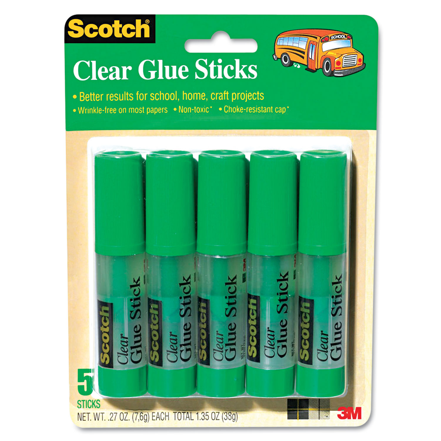 Clear Glue Stick, .27 oz, Stick, 5/Pack