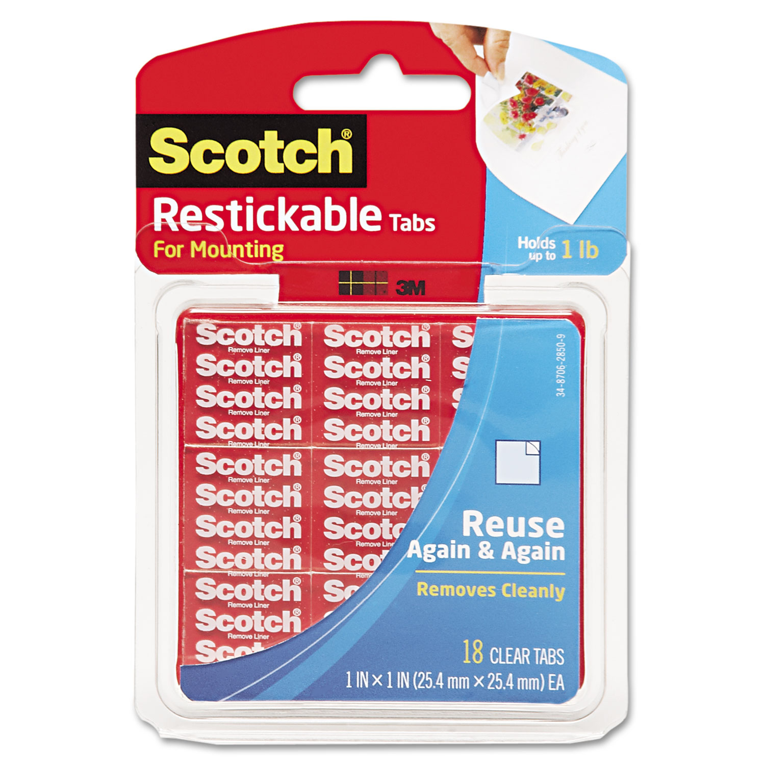  Scotch R100 Restickable Mounting Tabs, 1 x 1, 18/Pack (MMMR100) 
