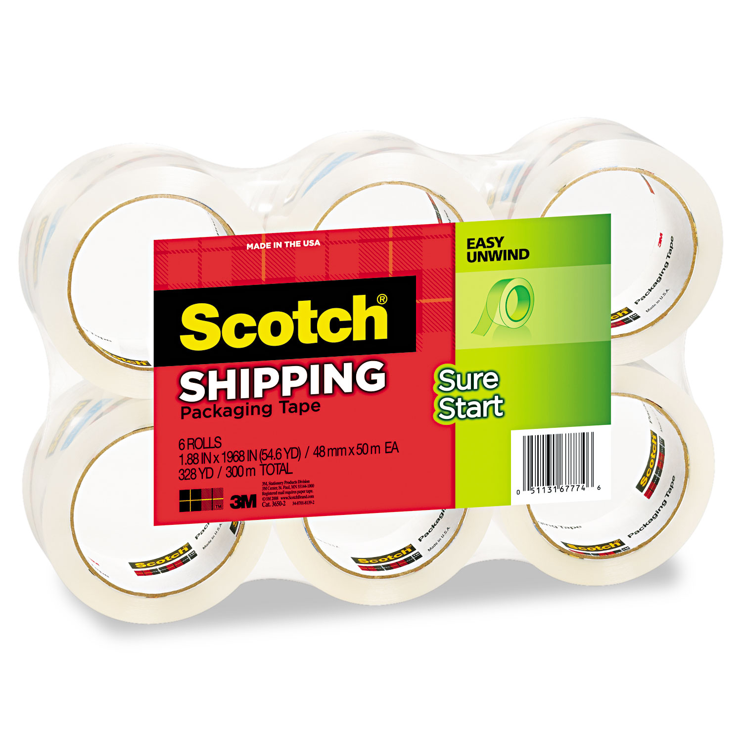 Sure Start Packaging Tape, 1.88 x 54.6yds, 3 Core, Clear, 6/Pack