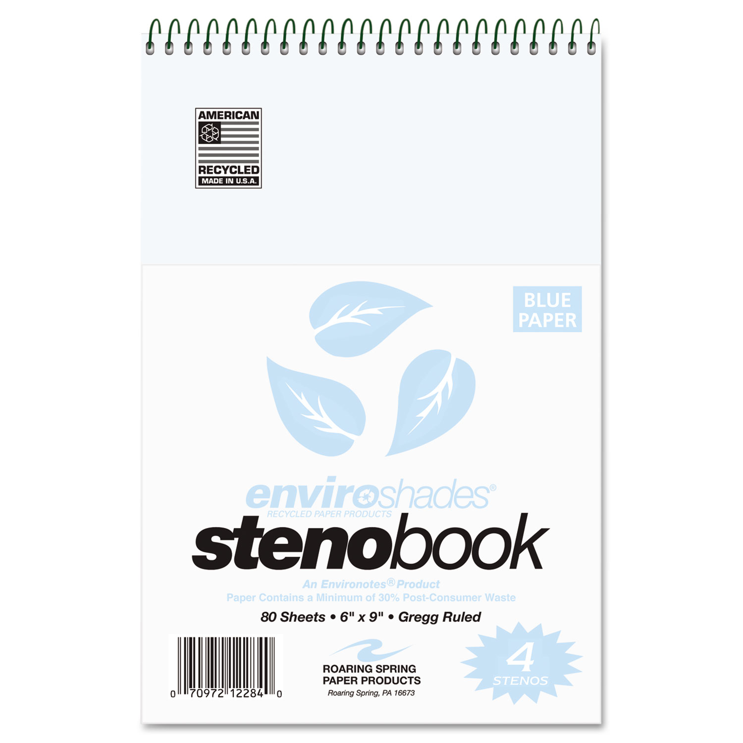 Enviroshades Steno Notebook, Gregg, 6 x 9, Blue, 80 Sheets, 4/Pack