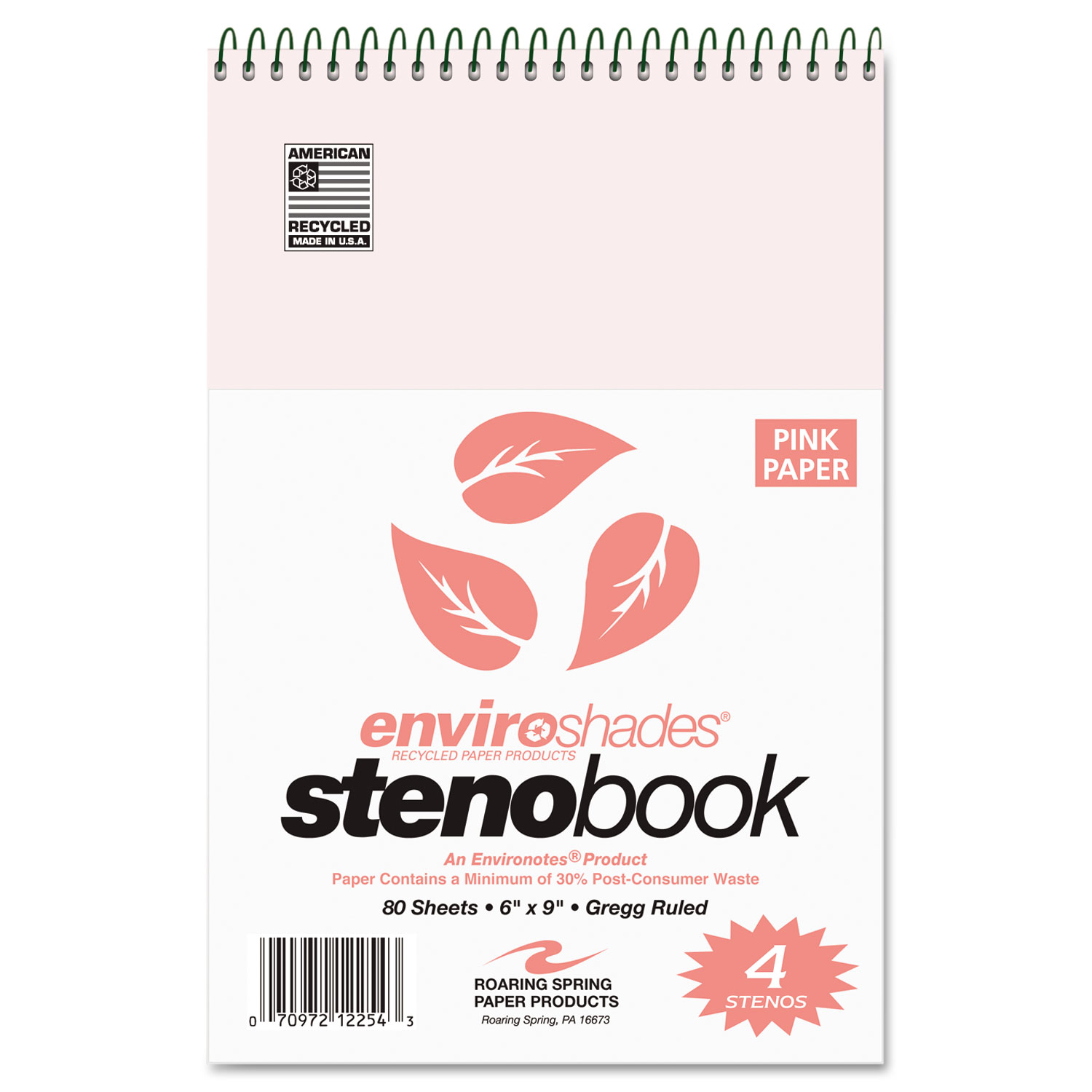 Enviroshades Steno Notebook, Gregg, 6 x 9, Pink, 80 Sheets, 4/Pack