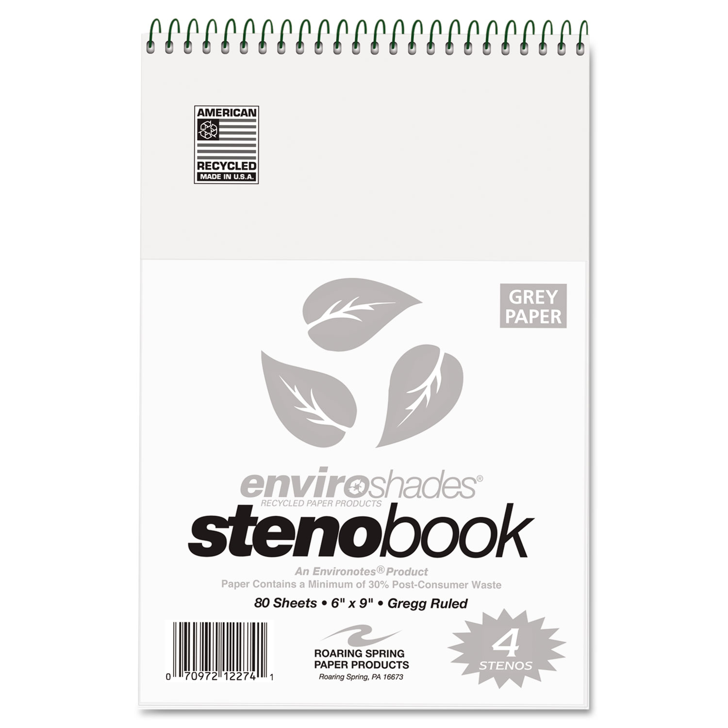  Roaring Spring 12274 Enviroshades Steno Notebook, Gregg Rule, 6 x 9, Gray, 80 Sheets, 4/Pack (ROA12274) 