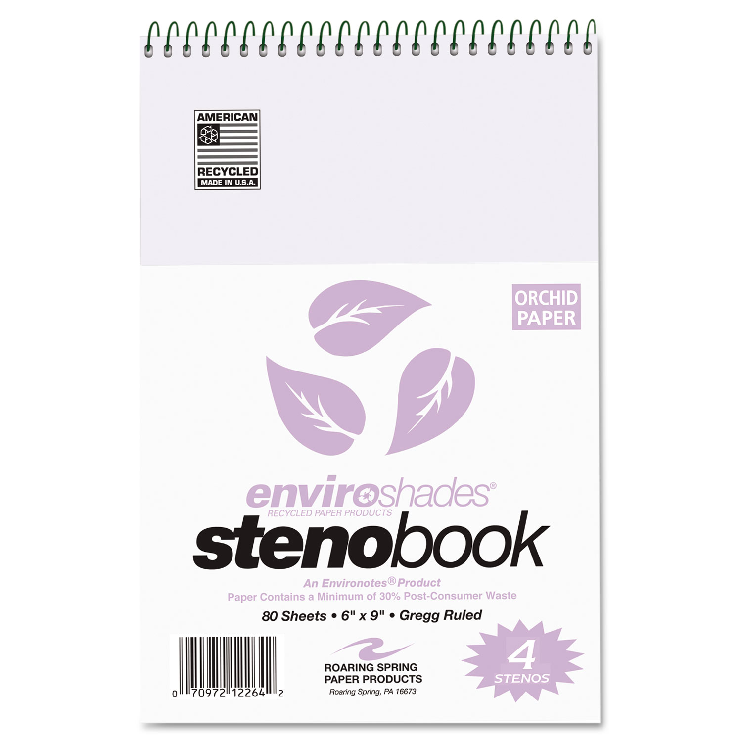 Enviroshades Steno Notebook, Gregg, 6 x 9, Orchid, 80 Sheets, 4/Pack