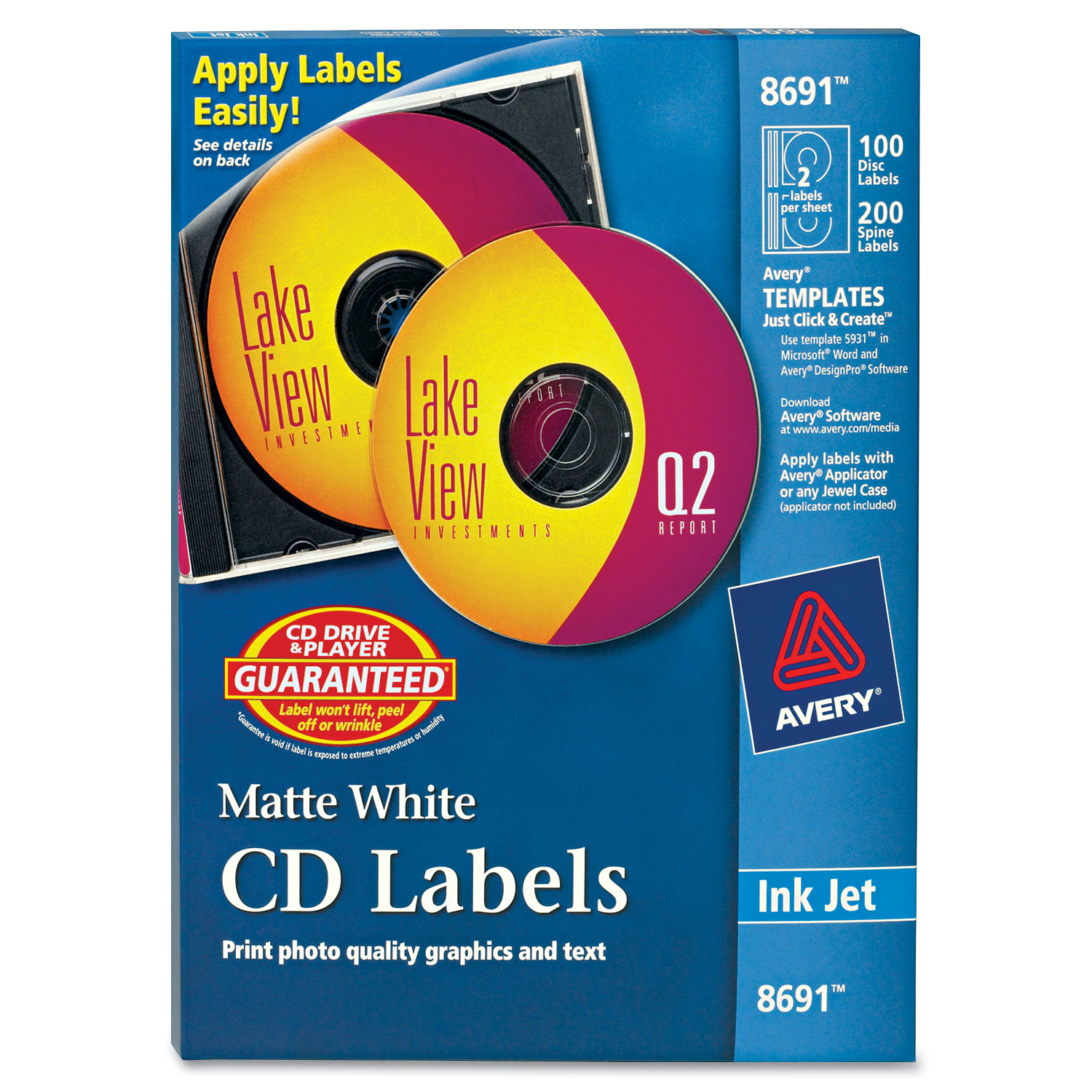  Avery 08691 Inkjet CD Labels, Matte White, 100/Pack (AVE8691) 