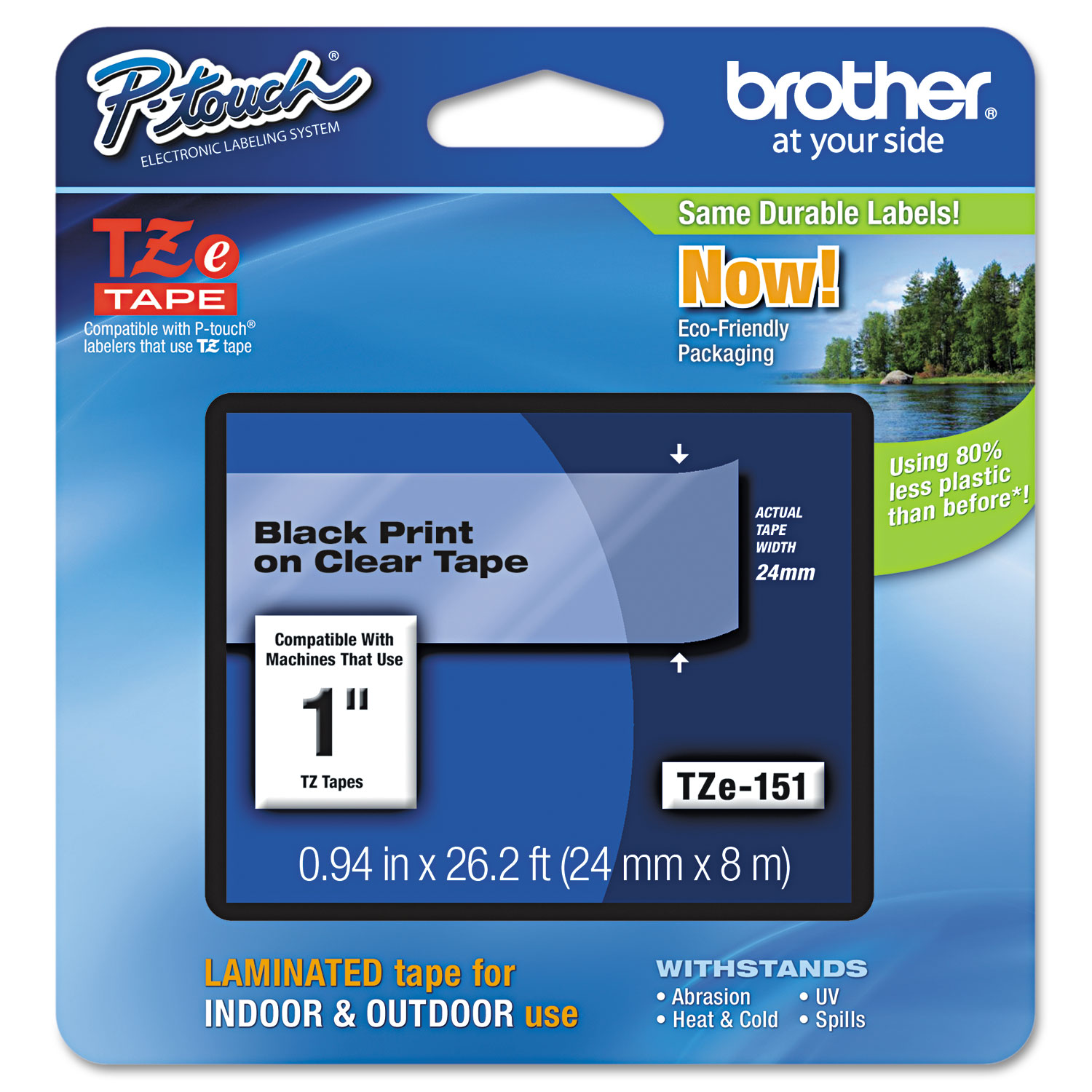  Brother P-Touch TZE151 TZe Standard Adhesive Laminated Labeling Tape, 0.94 x 26.2 ft, Black on Clear (BRTTZE151) 