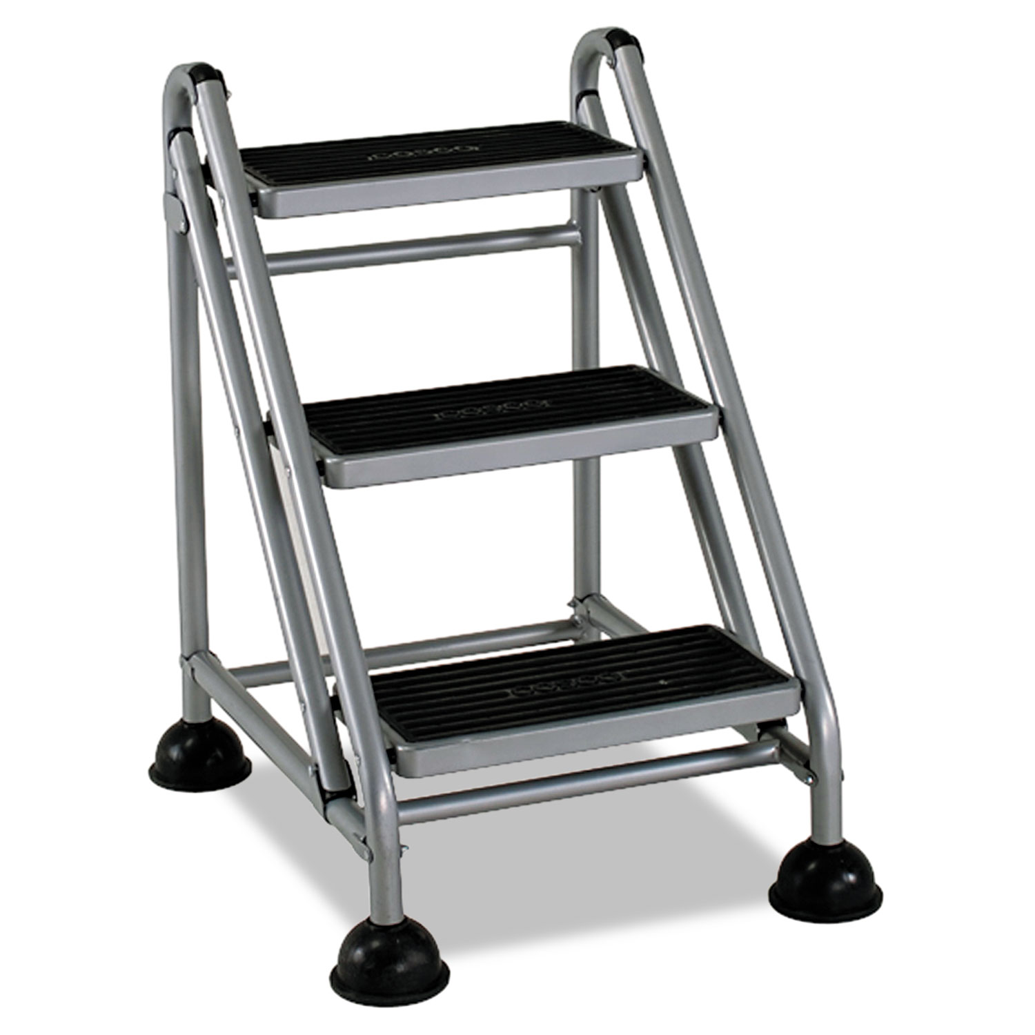 Rolling Commercial Step Stool, 3-Step, 26 3/5 Spread, Platinum/Black