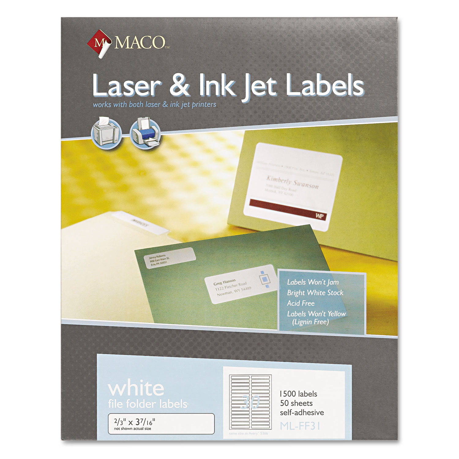 MACO MML-FF31 Laser/Inkjet White File Folder Labels, 0.66 x 3.44, White, 30/Sheet, 50 Sheets/Box (MACMLFF31) 
